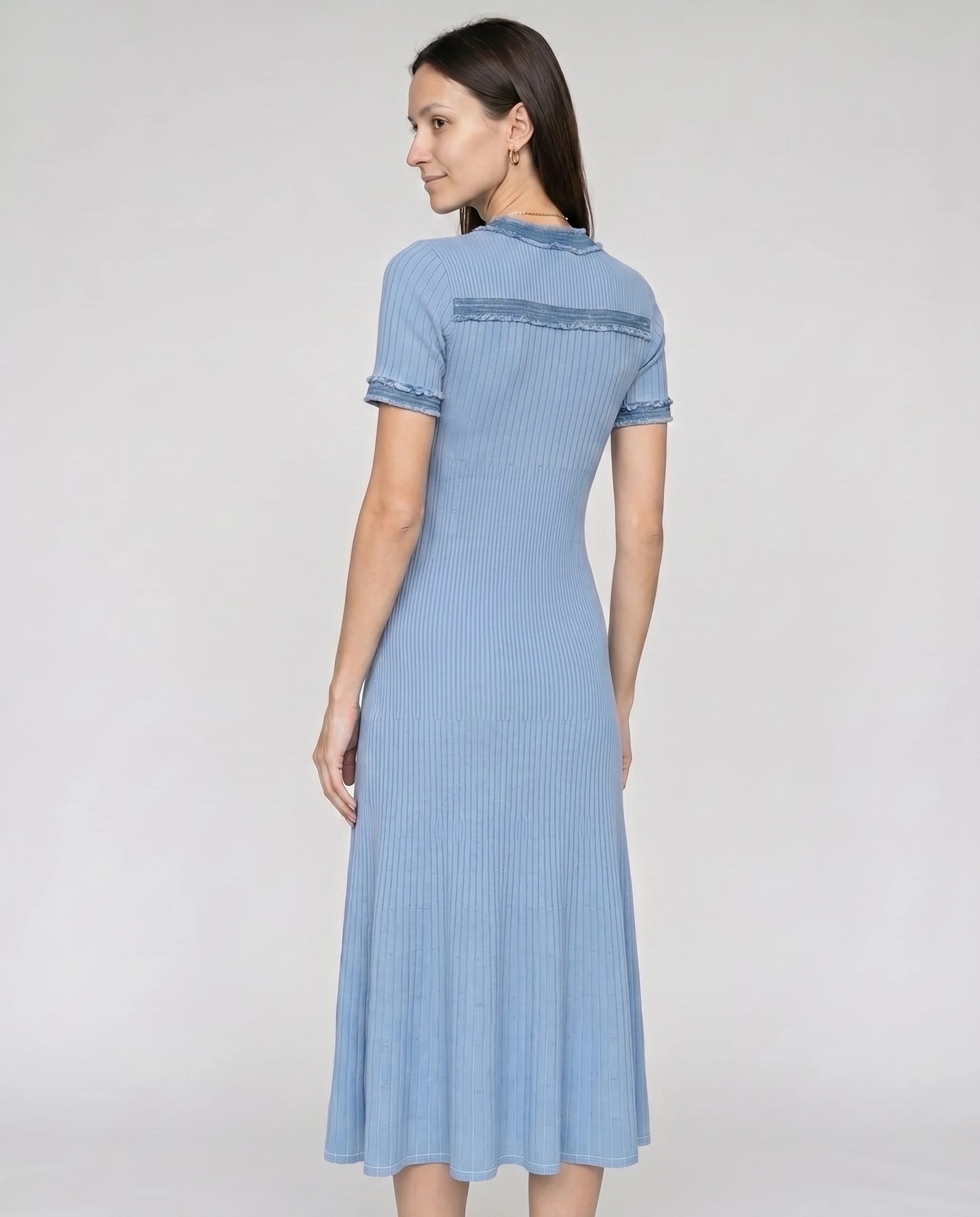 Robe midi en maille cotelee Odette - Bleu Ciel - vue de dos