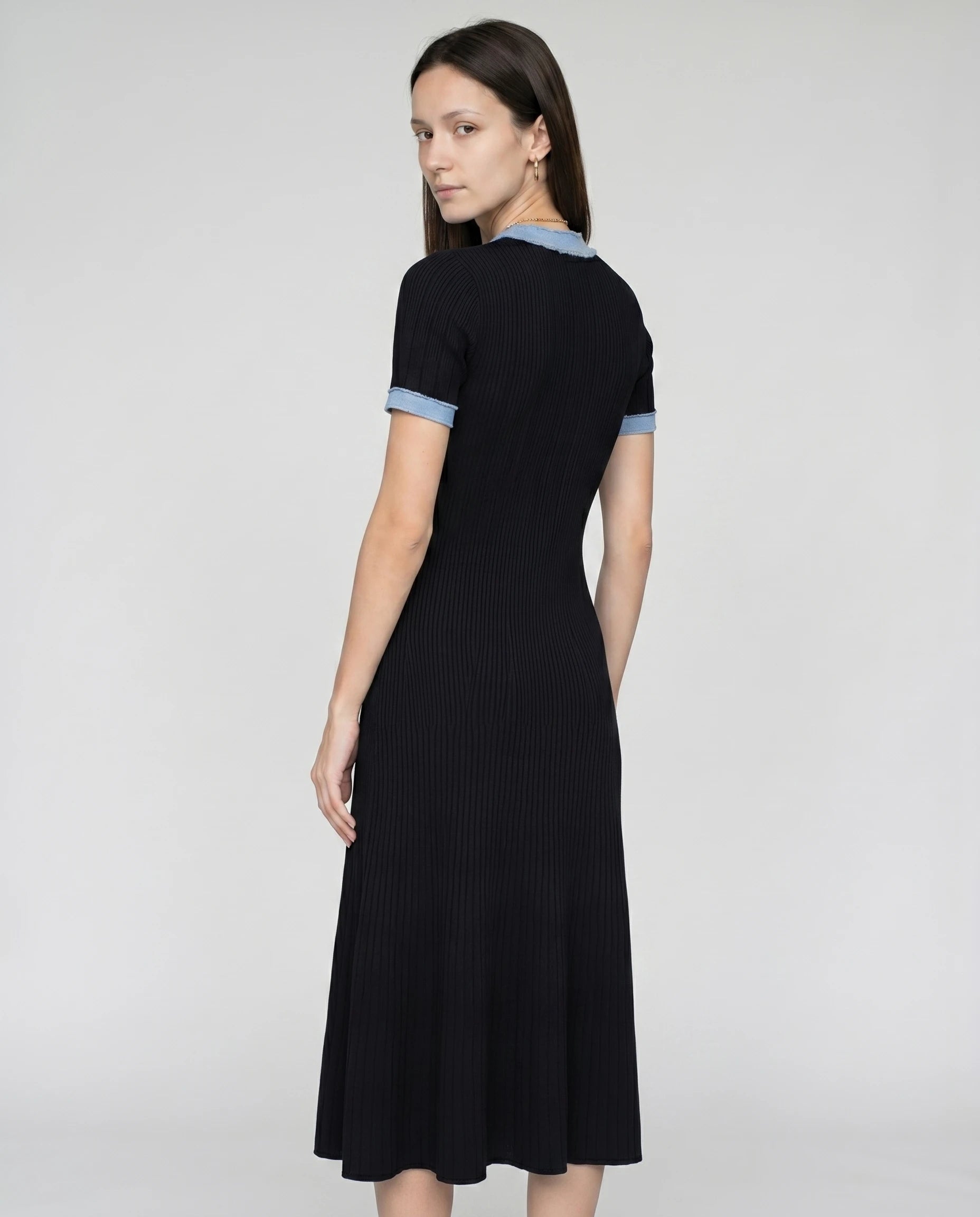 Robe midi en maille cotelee Odette - Noir - vue de dos