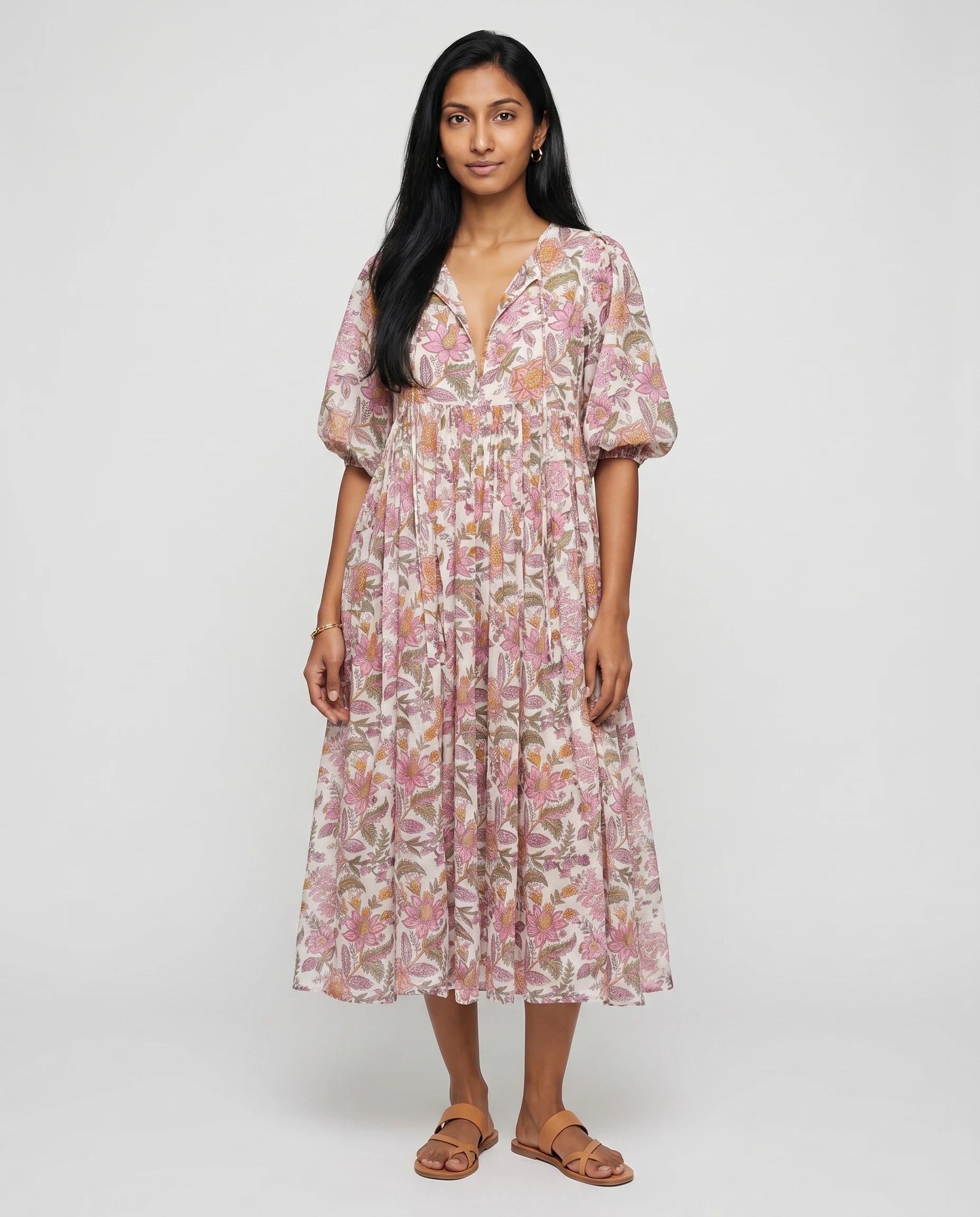 Robe midi fleurie en coton — Jacinthe - Fuchsia