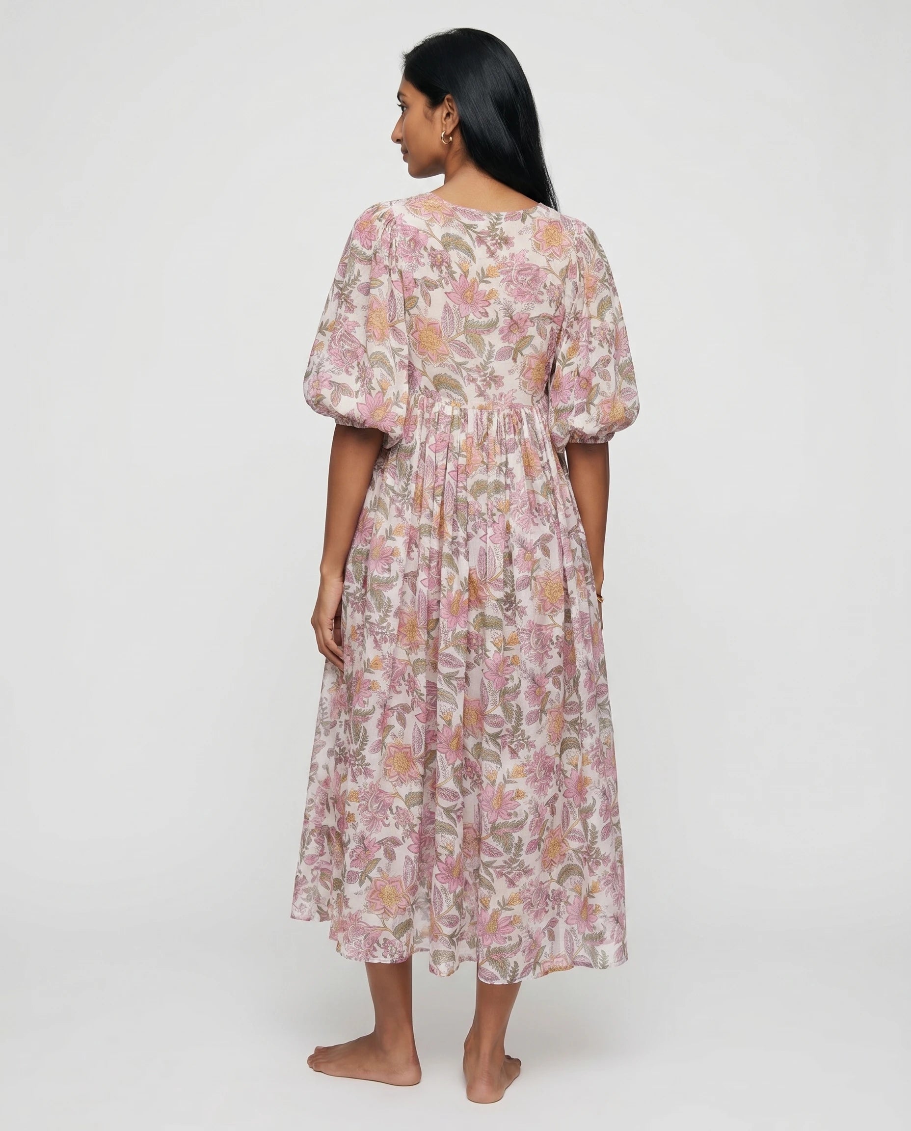 Robe midi fleurie en coton — Jacinthe - Fuchsia