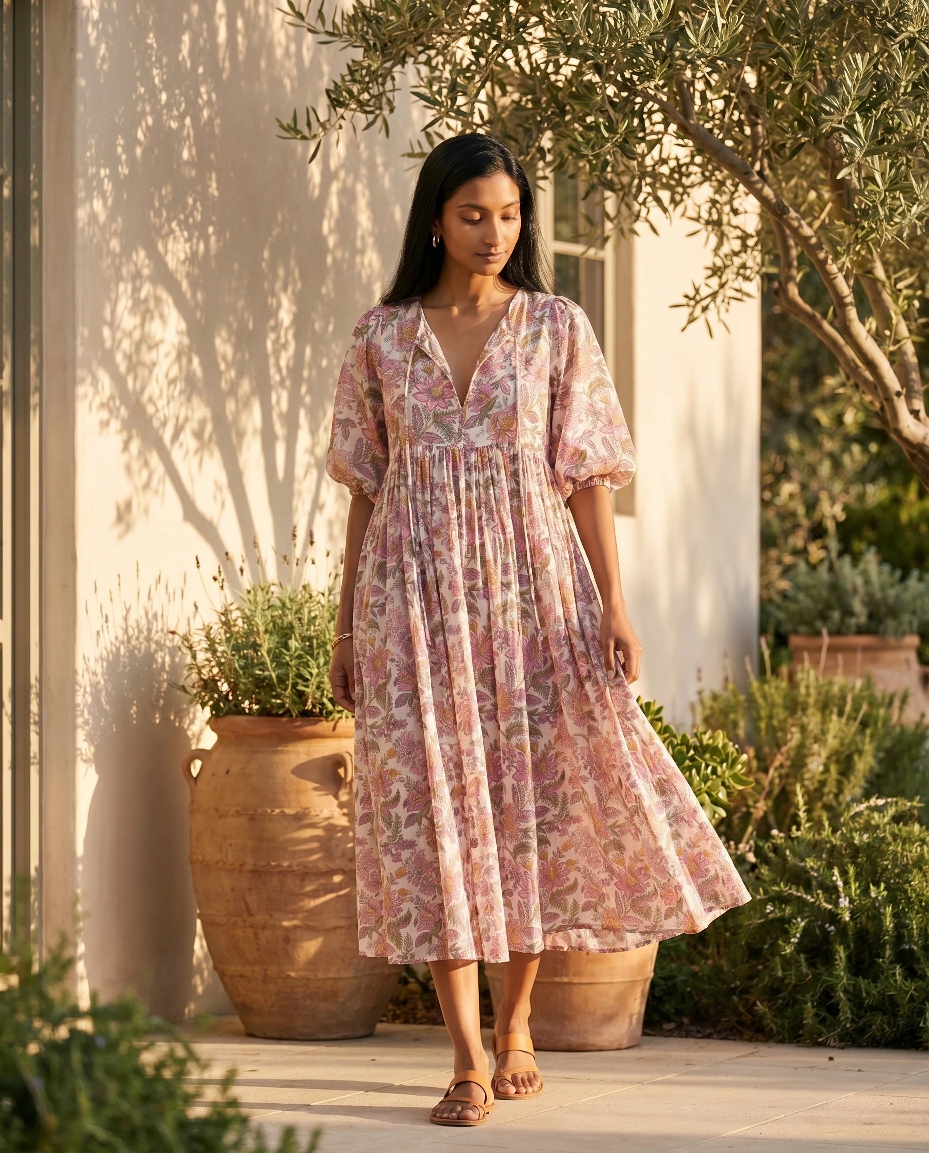 Robe midi fleurie en coton — Jacinthe - Fuchsia
