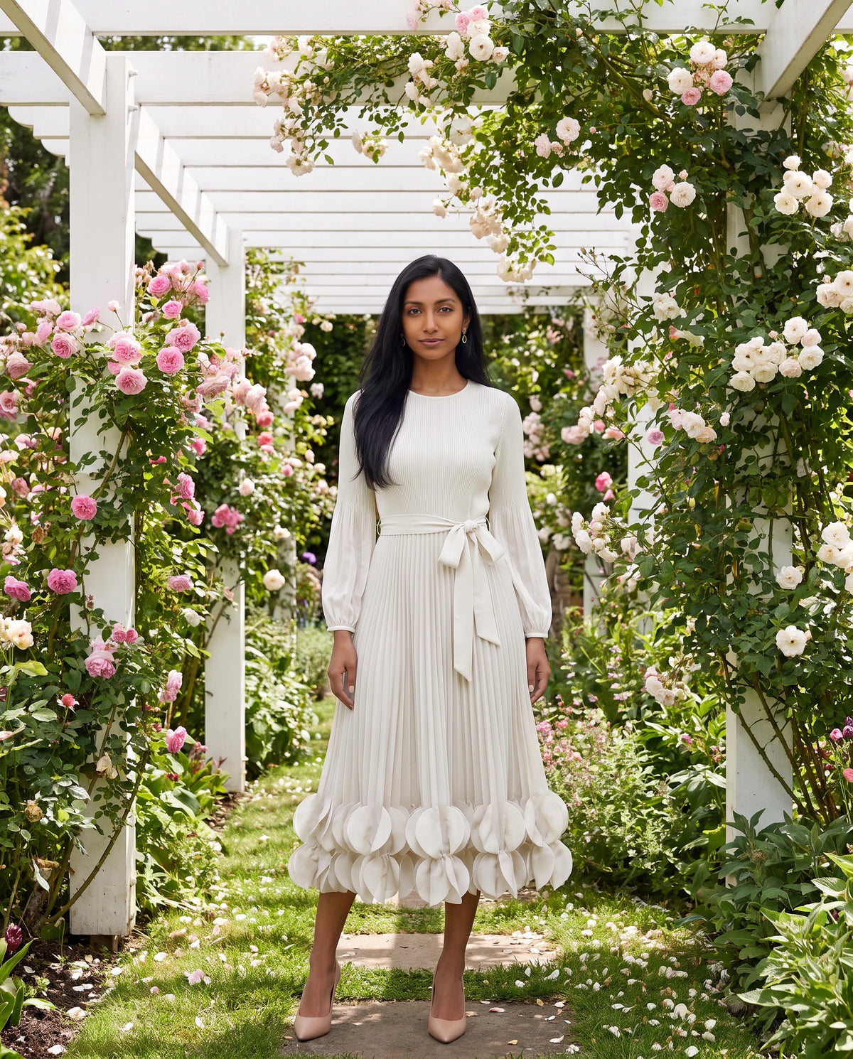 Robe midi plissée à ourlet de pétales Julienne en Blanc, portée sous une pergola fleurie