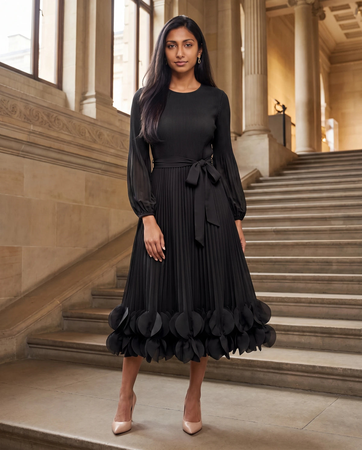Robe midi plissée à ourlet de pétales Julienne en Noir, portée dans le hall d'un musée