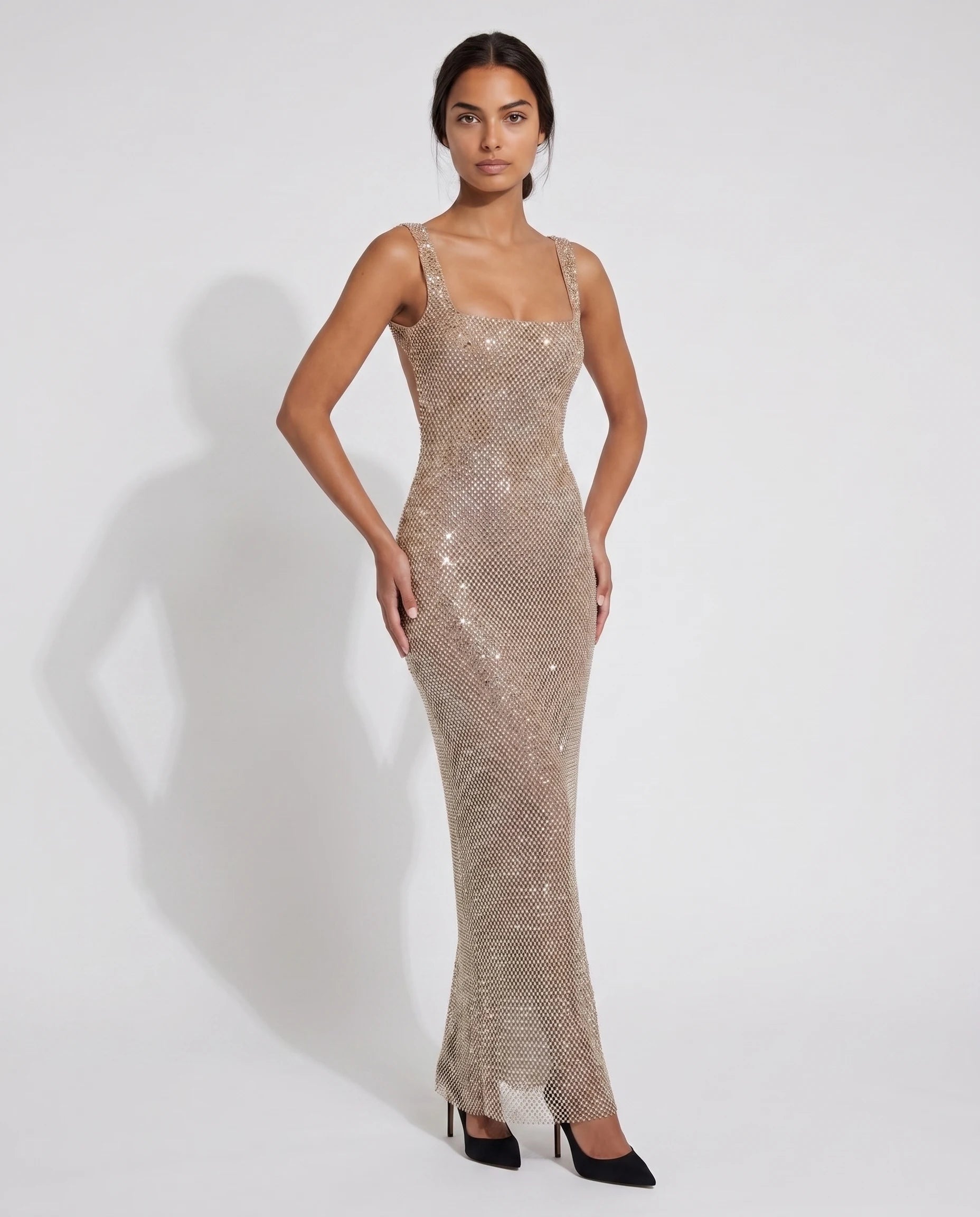 Robe longue sequins dos nu Champagne - Photo 2 | Zolena