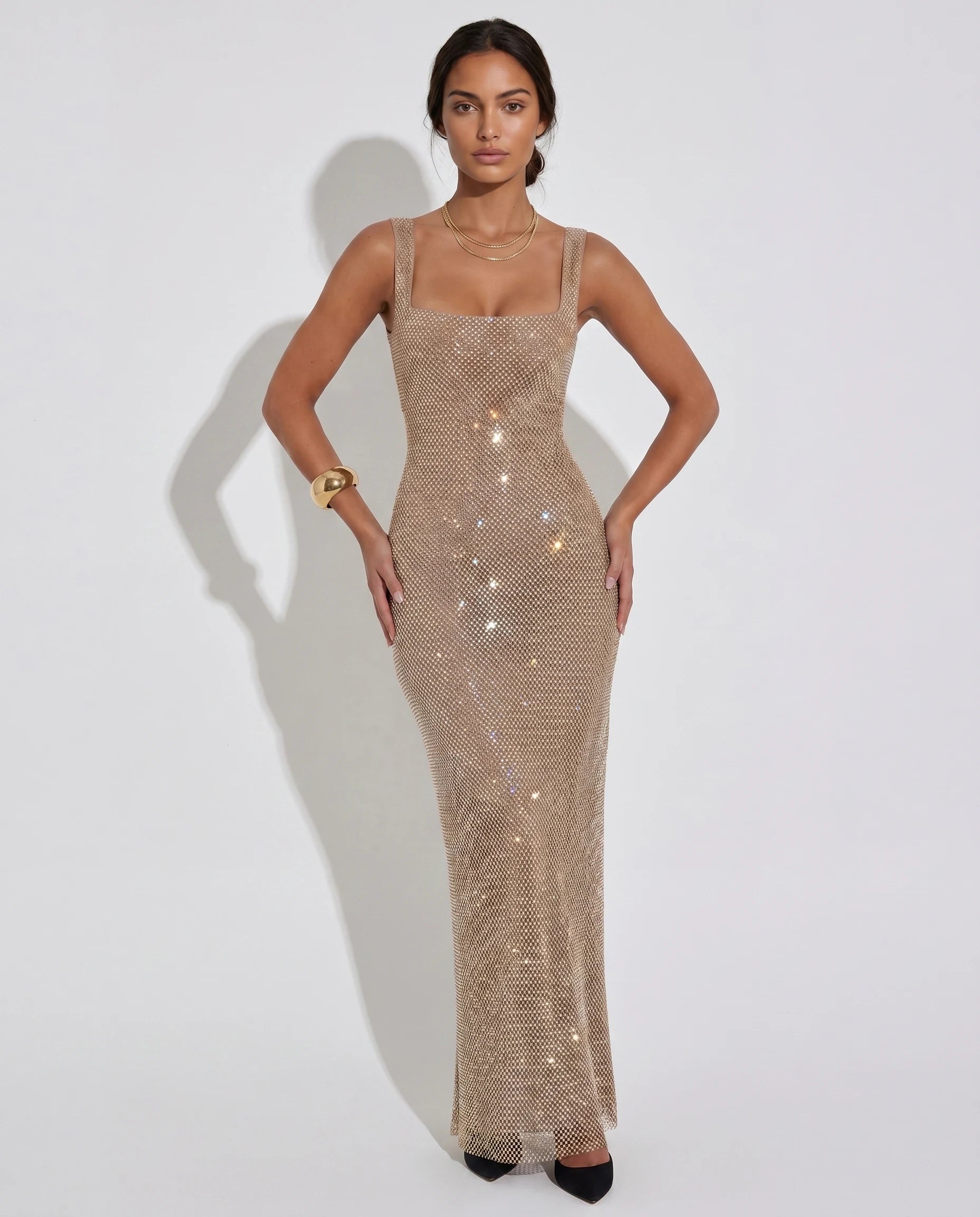 Robe longue sequins dos nu Champagne - Photo 5 | Zolena