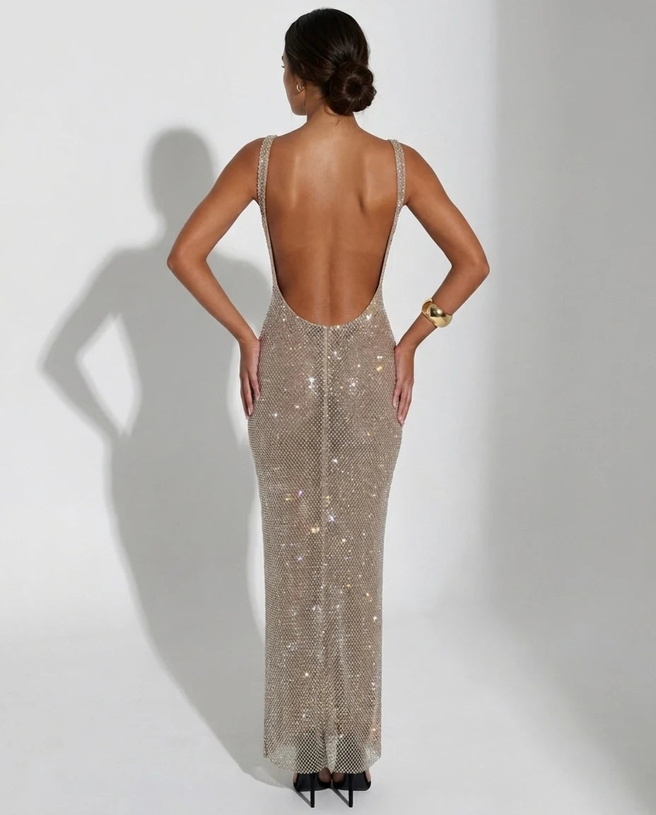 Robe longue sequins dos nu Champagne - Photo 6 | Zolena