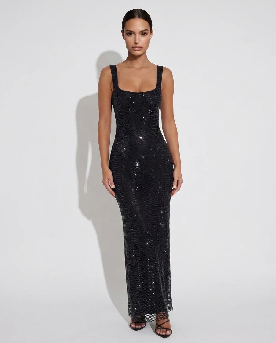 Robe longue sequins dos nu Noire - Photo 4 | Zolena
