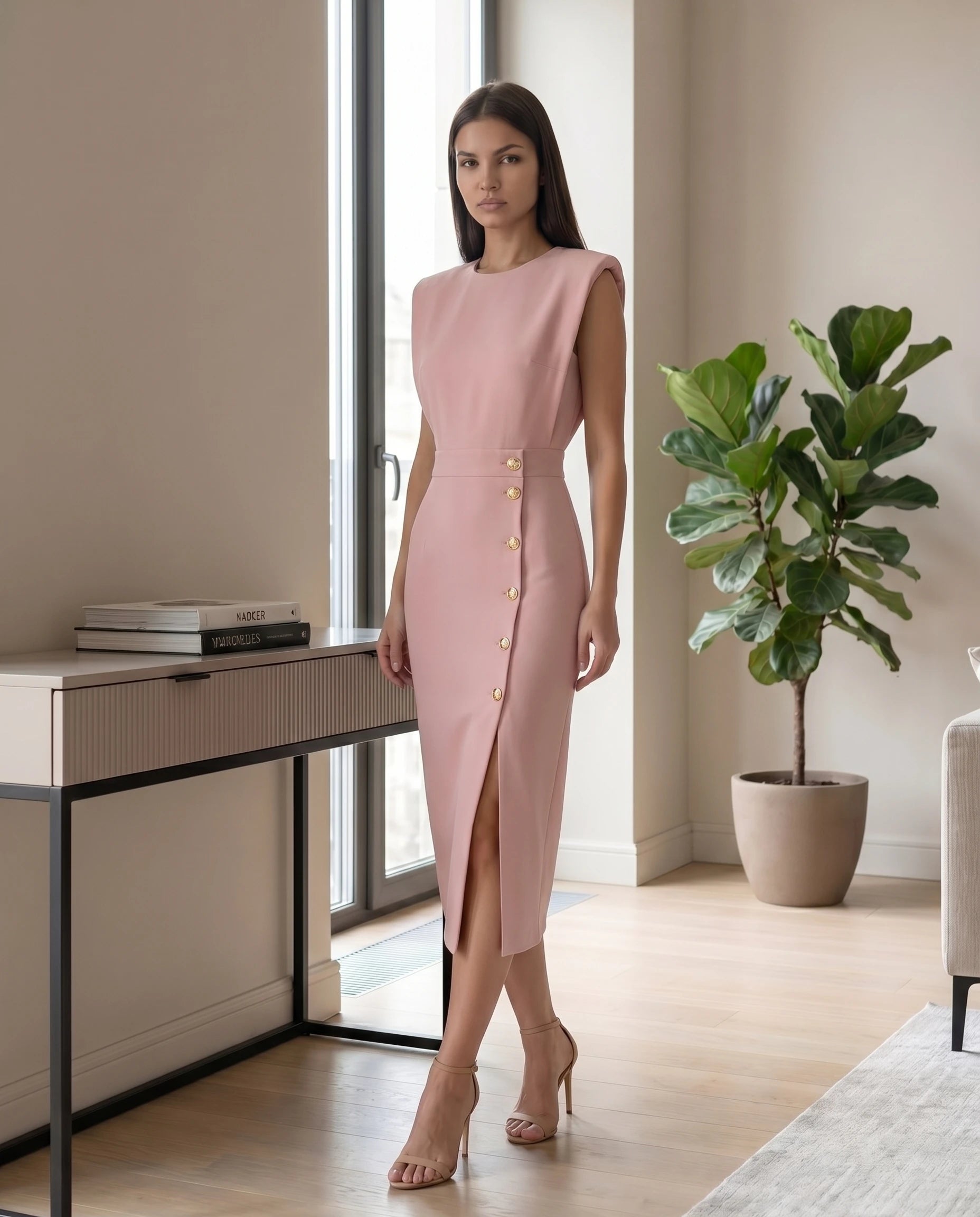 Robe midi moulante fendue Rose Poudré Philippine
