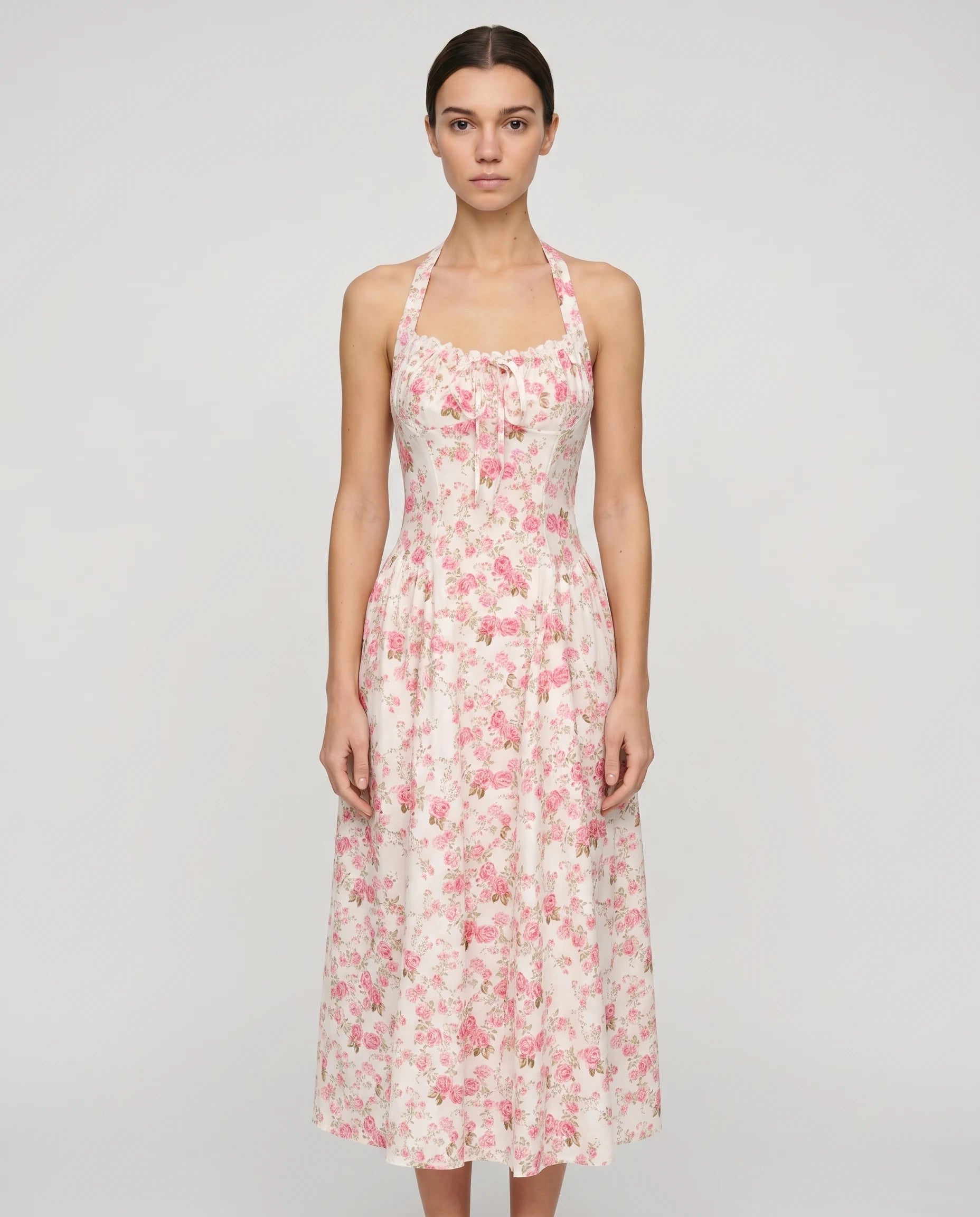 Robe midi à fleurs roses Joséphine — cover face studio