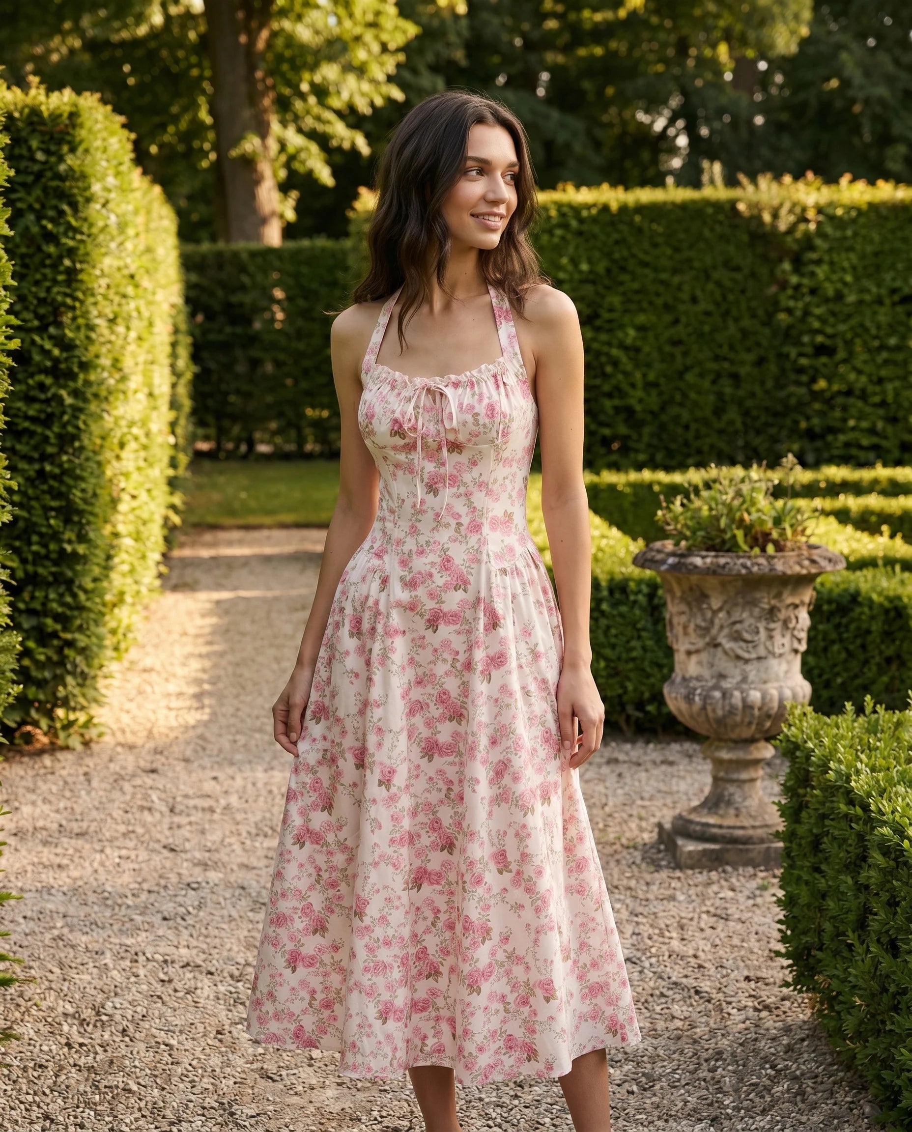 Robe midi rose floral Joséphine — lifestyle jardin européen