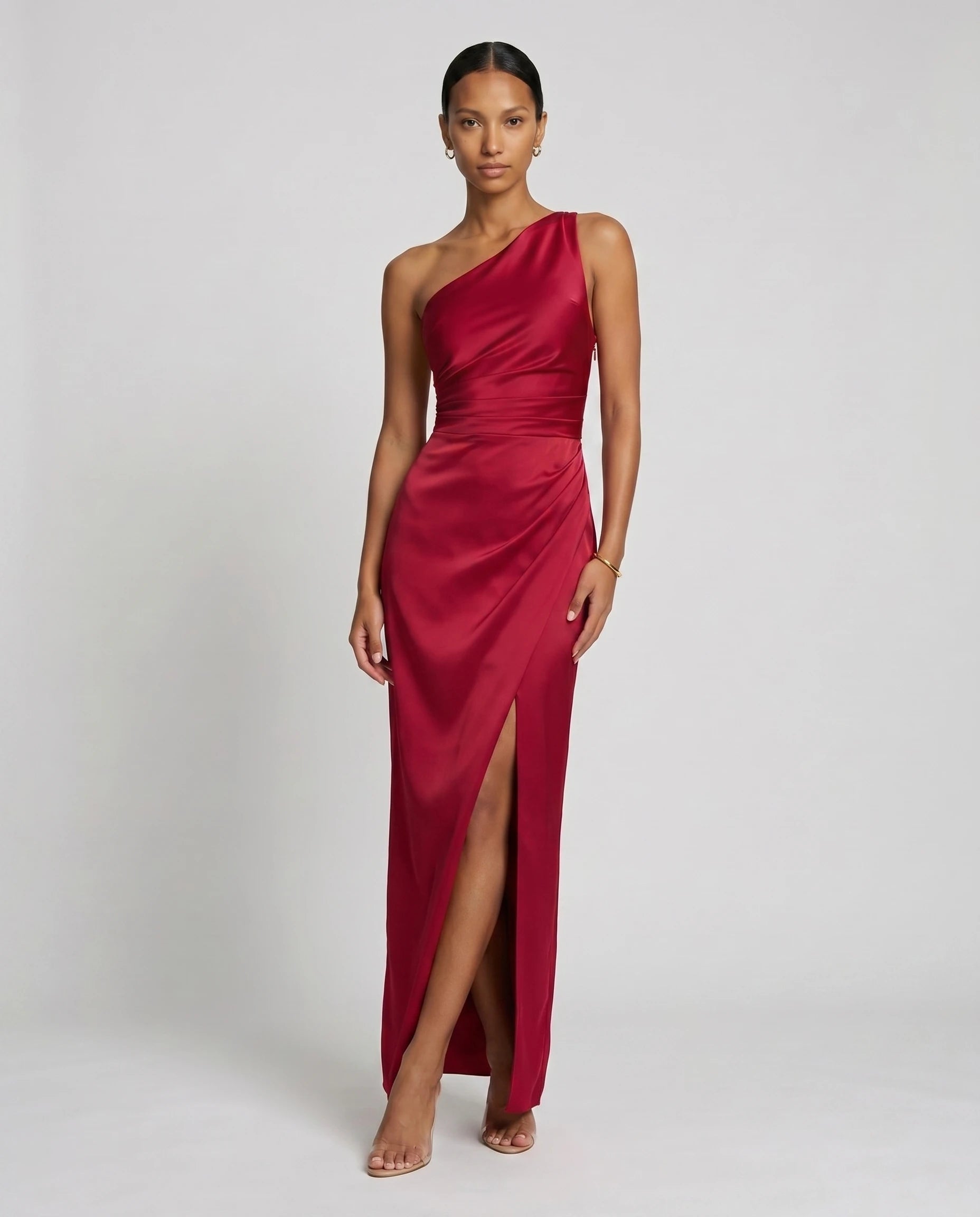 Robe longue en satin une epaule - Rouge - Ines