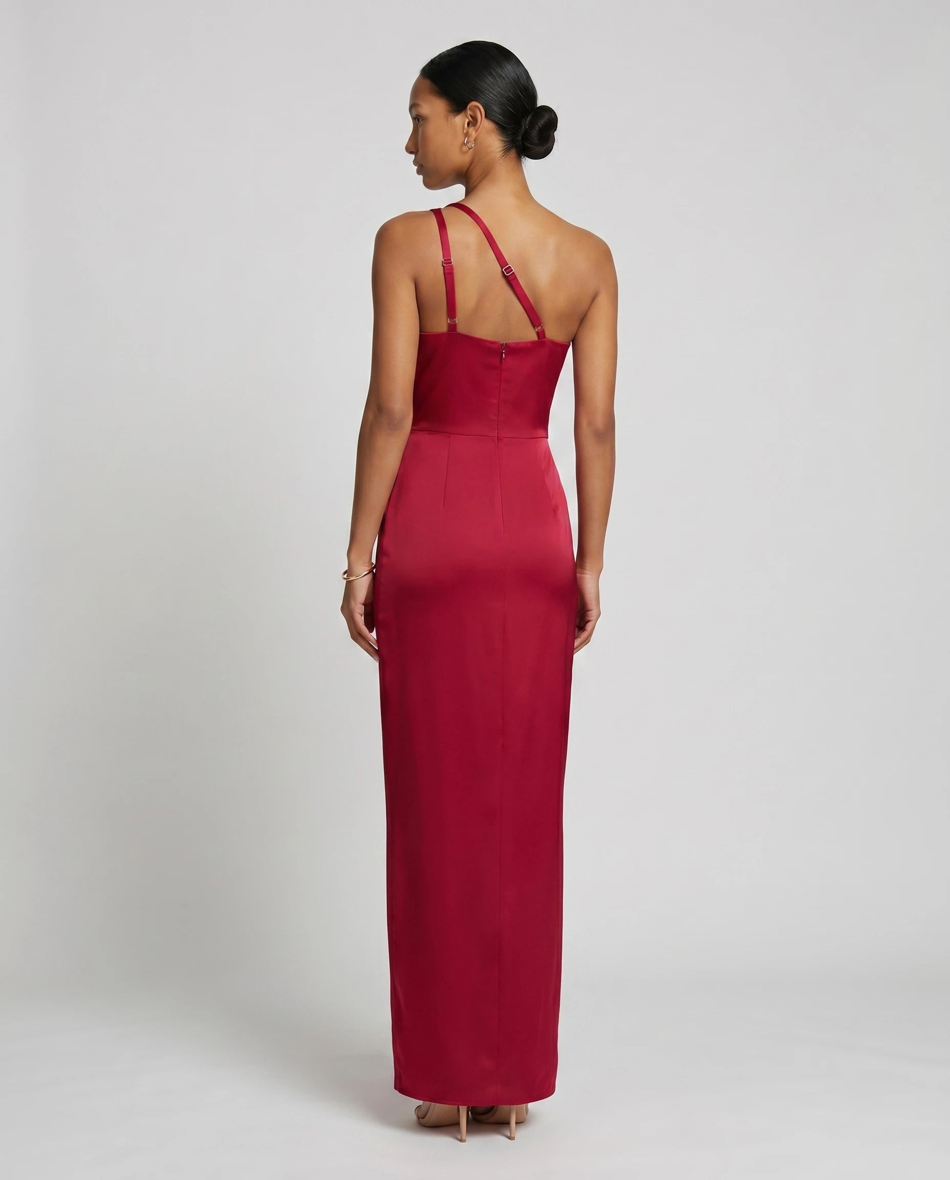 Robe longue en satin une epaule - Rouge - Ines