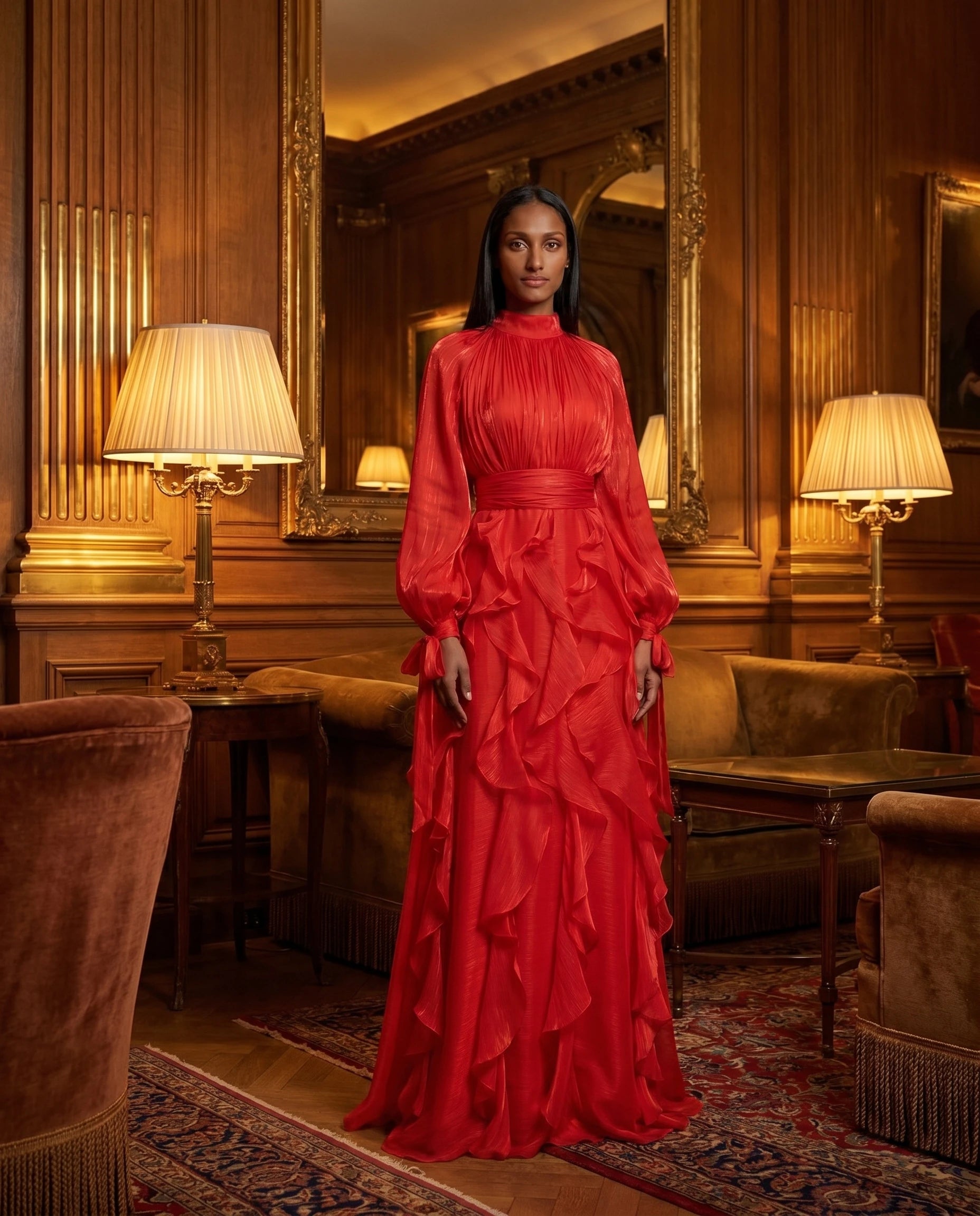 Robe de soiree longue a volants rouge salon boiserie dore