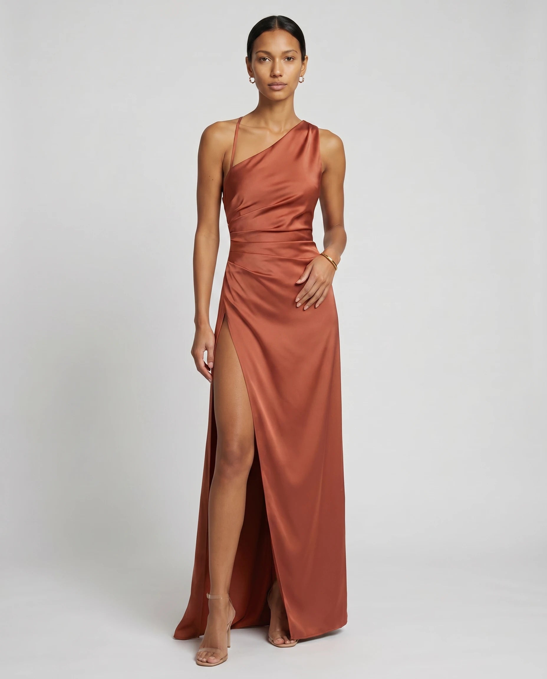 Robe longue en satin une epaule - Rouille - Ines