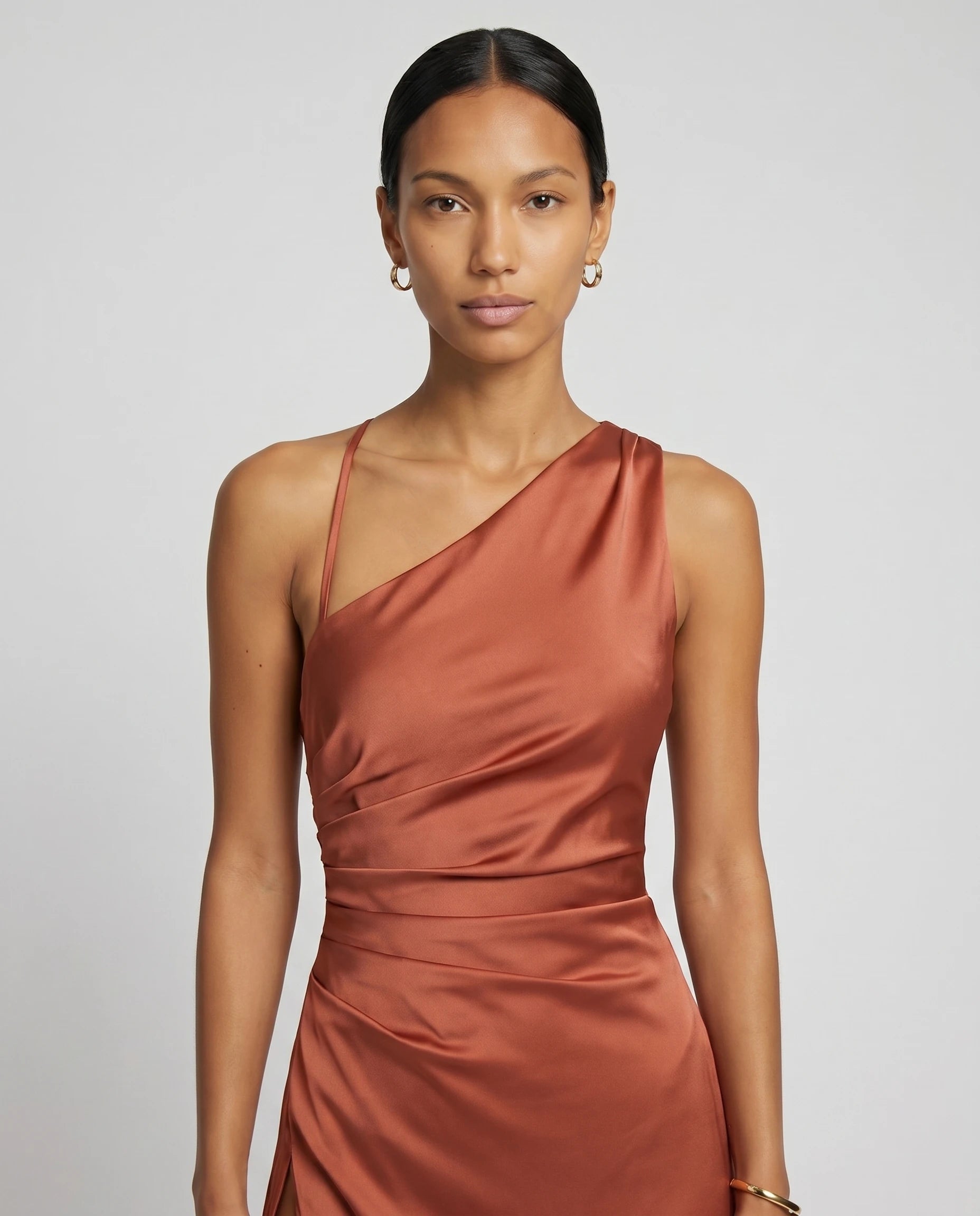 Robe longue en satin une epaule - Rouille - Ines