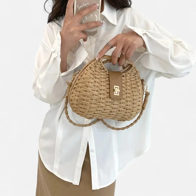 Sac à main bandoulière en paille avec fermoir doré Anaïs
