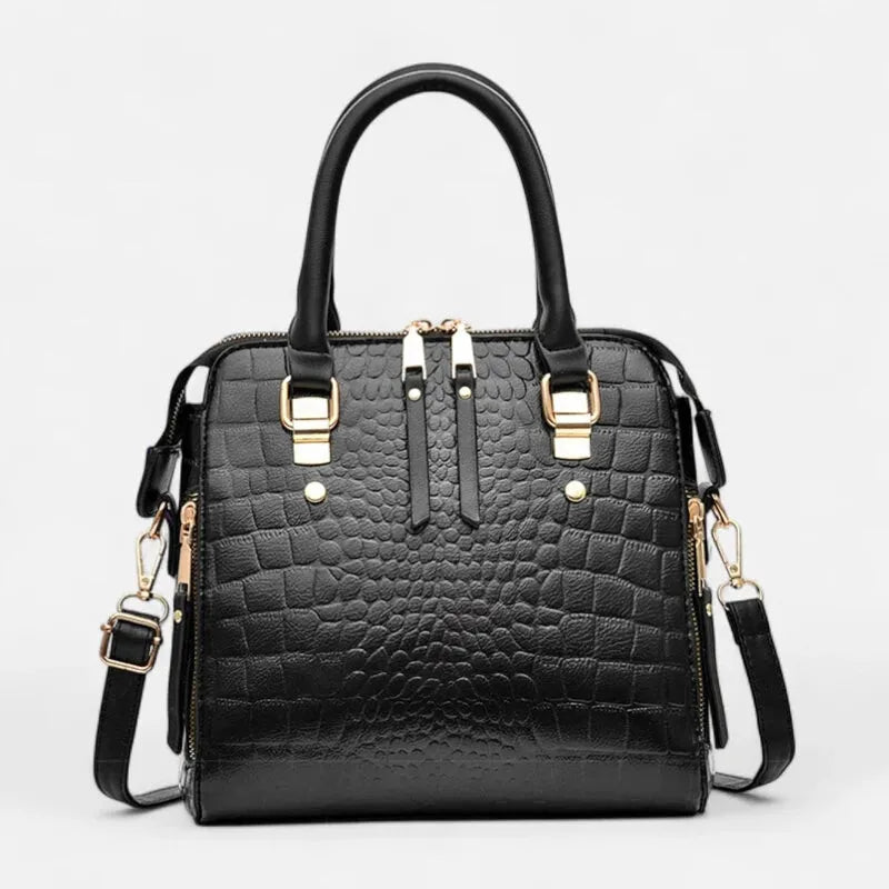 Sac à main bandoulière imitation croco avec son charms chat doré Camélia
