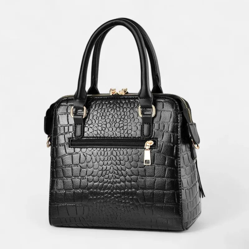 Sac à main bandoulière imitation croco avec son charms chat doré Camélia
