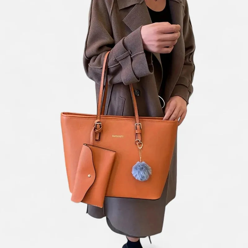 Sac à main cabas avec son ponpom et sa pochette assortie Livia