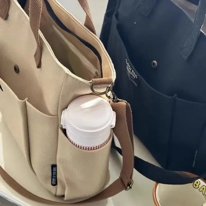 Sac à main cabas en toile multipoches à bandoulière Léa