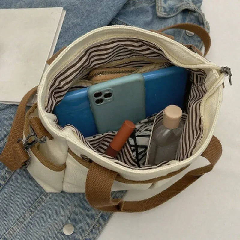 Sac à main cabas multipoches à bandoulière en toile Louna