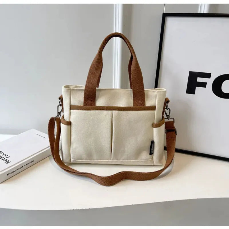 Sac à main cabas multipoches à bandoulière en toile Louna