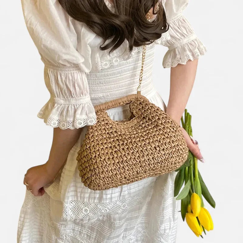Sac à main en paille avec bandoulière en chaîne dorée Iris