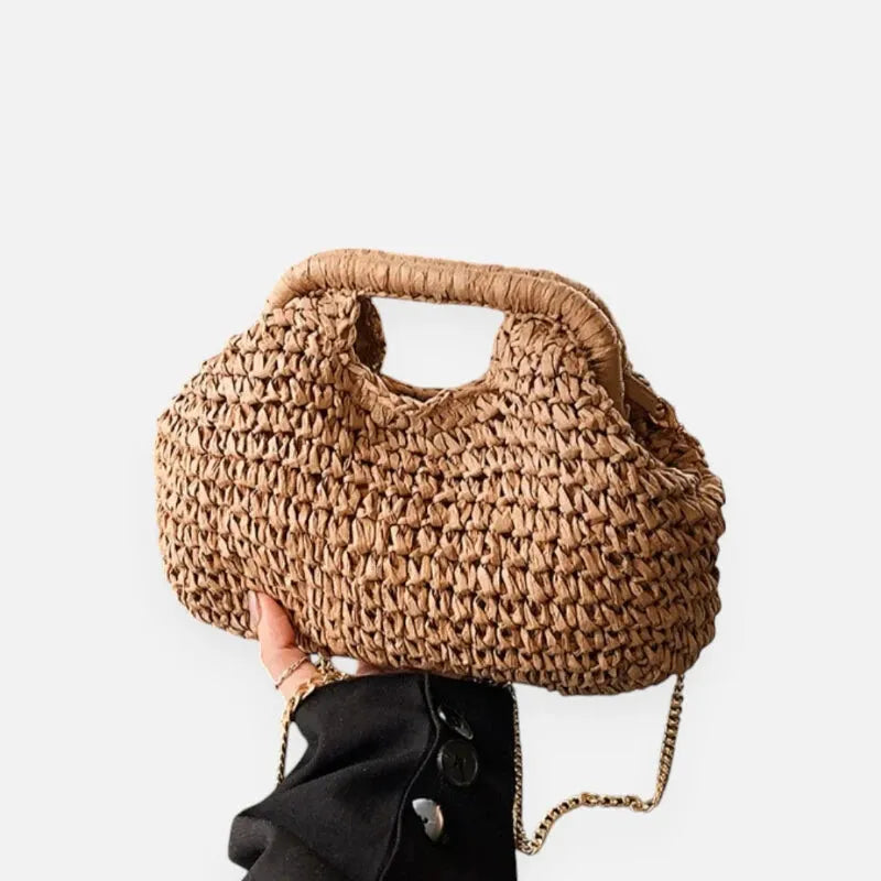 Sac à main en paille avec bandoulière en chaîne dorée Iris