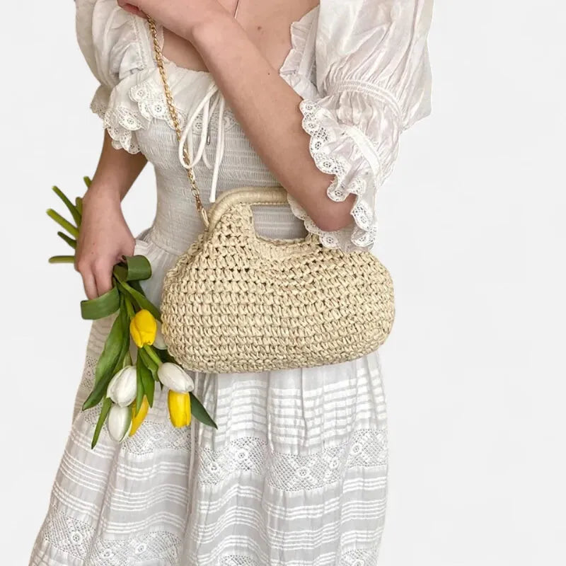 Sac à main en paille avec bandoulière en chaîne dorée Iris