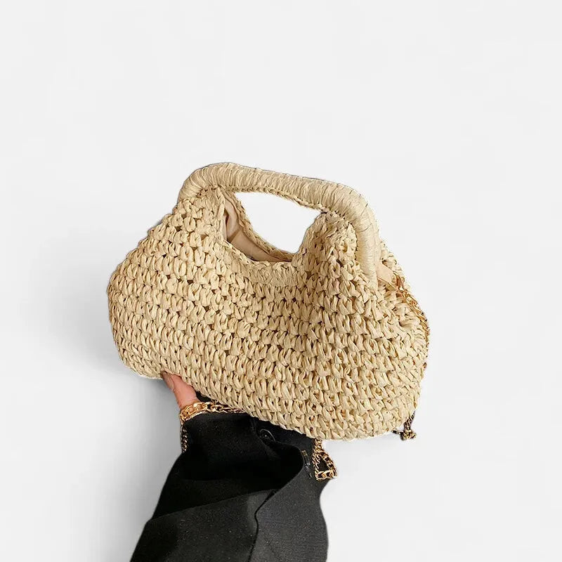 Sac à main en paille avec bandoulière en chaîne dorée Iris