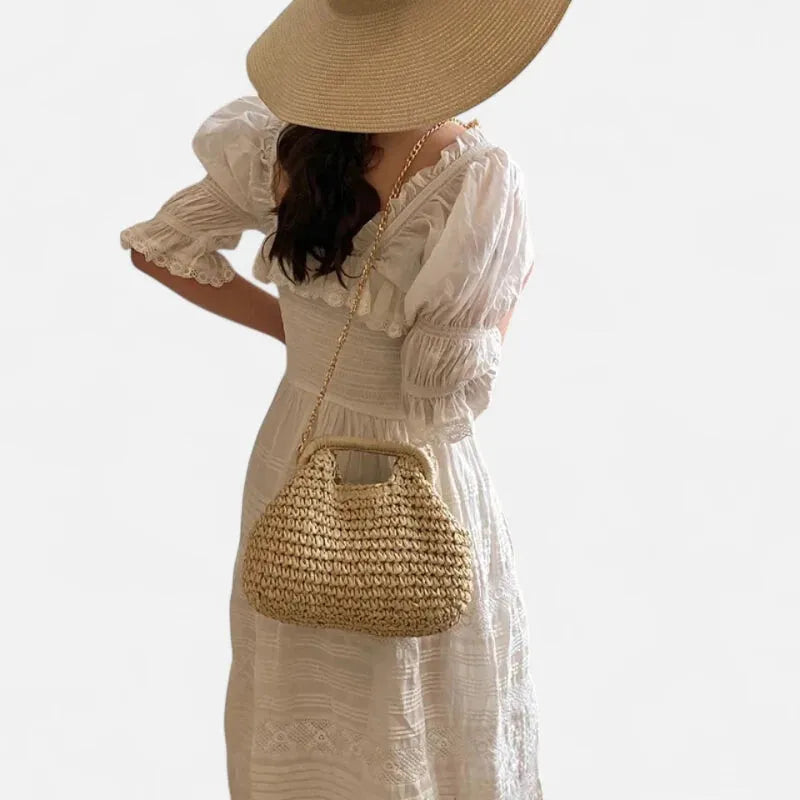 Sac à main en paille avec bandoulière en chaîne dorée Iris