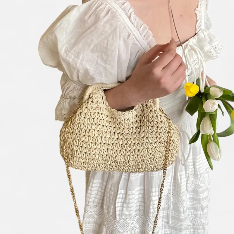 Sac à main en paille avec bandoulière en chaîne dorée Iris