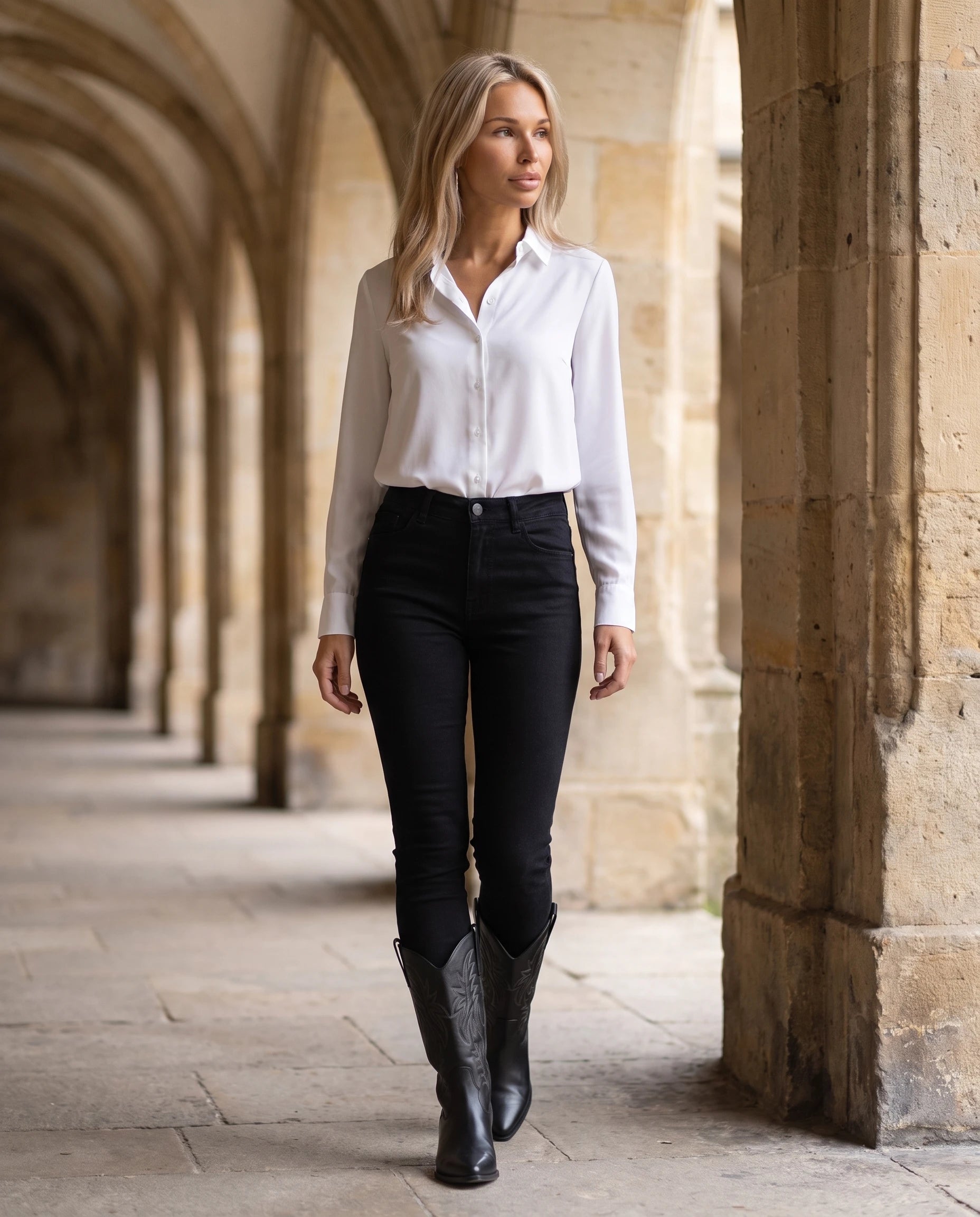 Bottes santiags mi-mollet brodées en simili Prudence — Noir, portées en extérieur