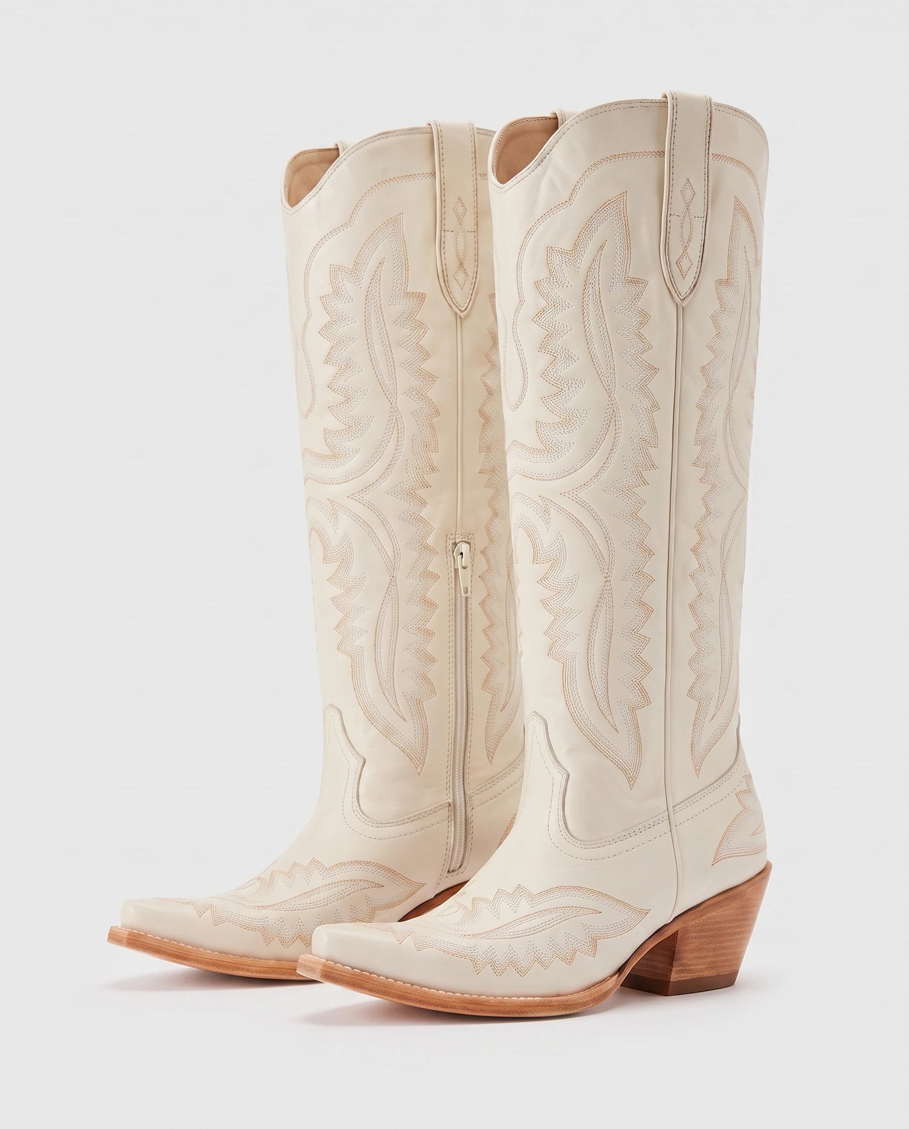 Bottes santiags hautes brodées effet cuir huilé Régine — Blanc Cassé, packshot vue complémentaire