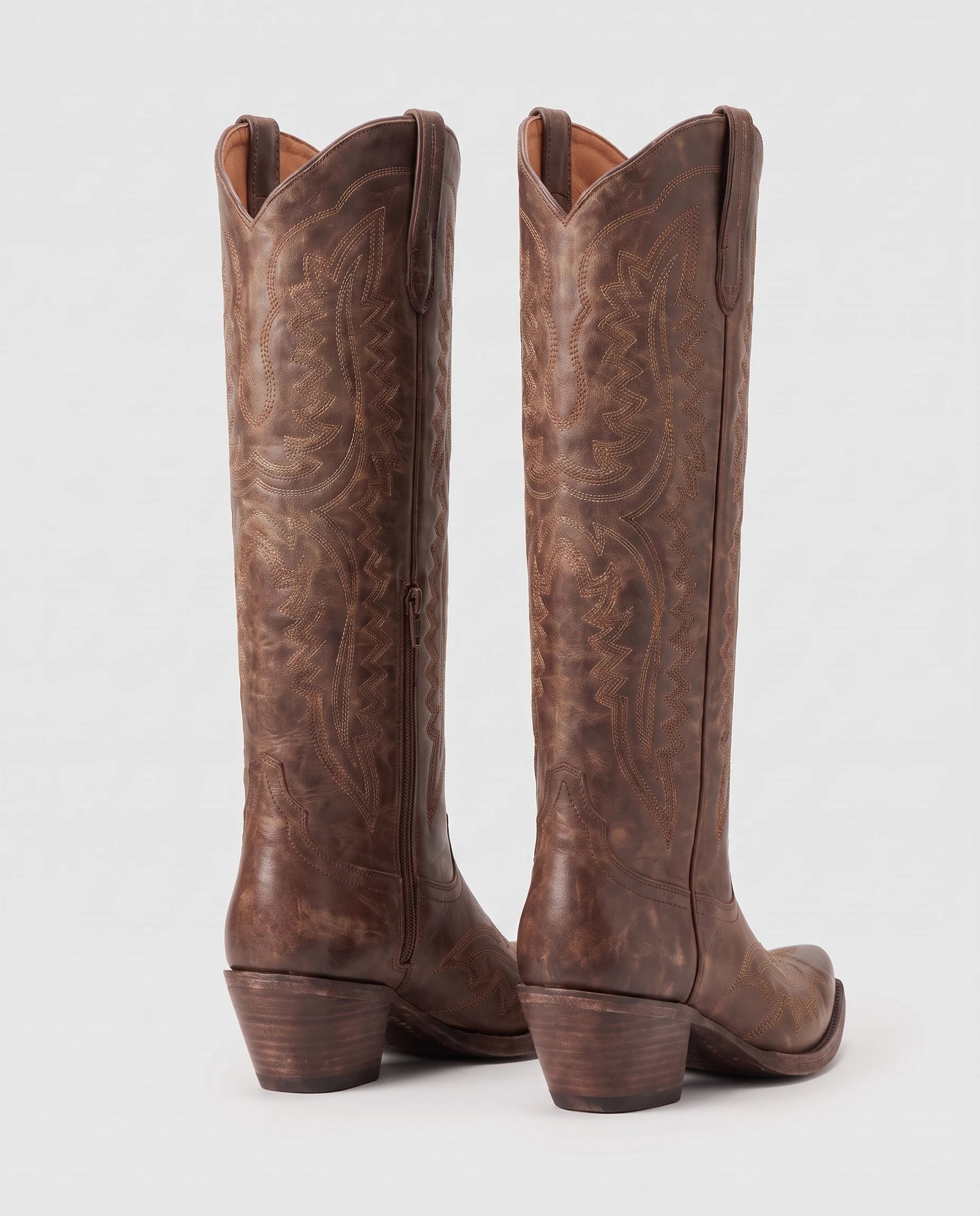 Bottes santiags hautes brodées effet cuir huilé Régine — Brun Vieilli, packshot vue complémentaire