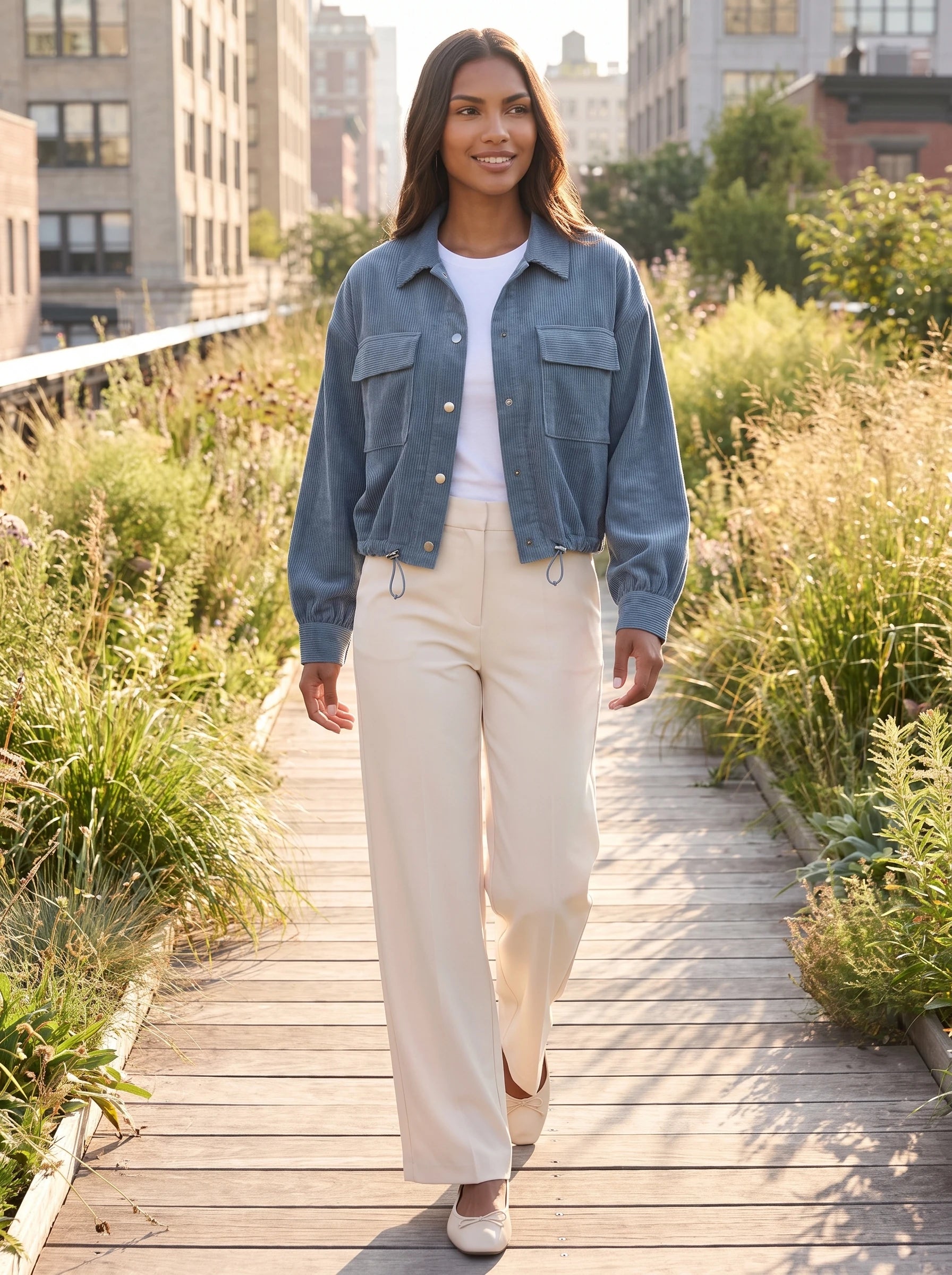 Surchemise en velours côtelé bleu denim Lucette, portée sur une promenade plantée