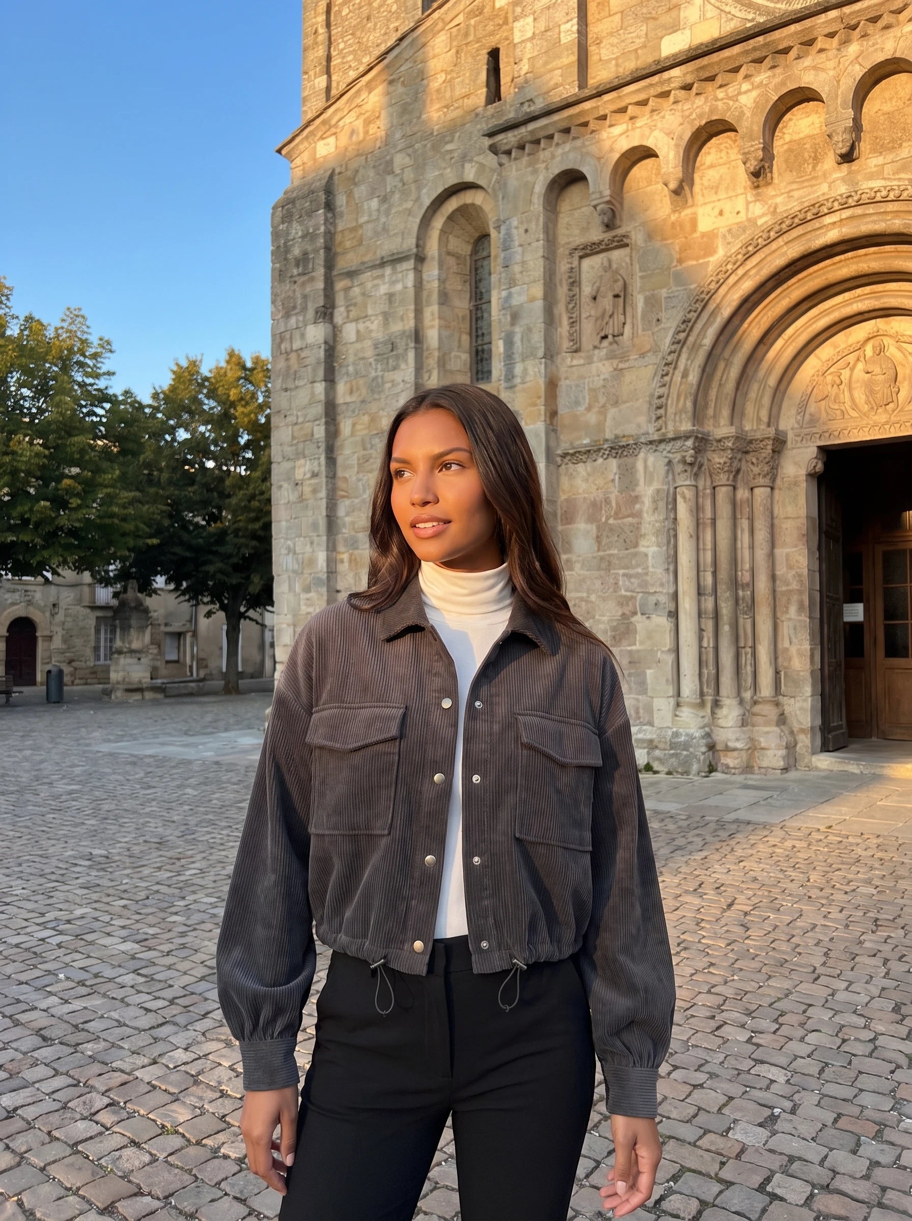 Surchemise en velours côtelé gris anthracite Lucette, portée sur un parvis d'église romane