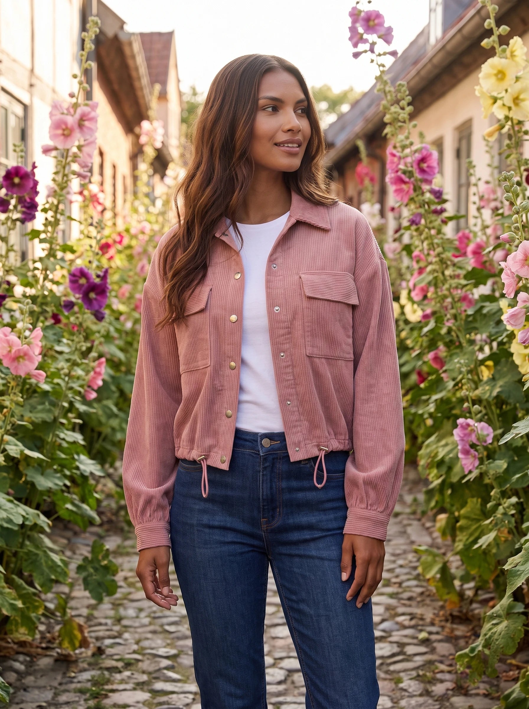 Surchemise en velours côtelé vieux rose Lucette, portée dans une venelle aux roses trémières