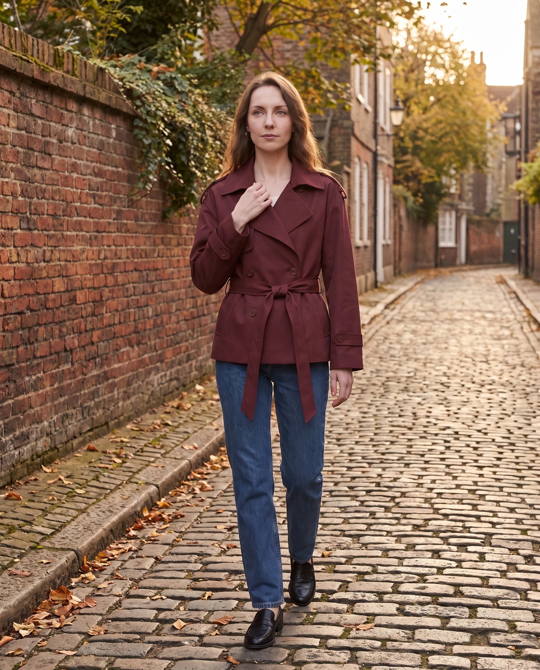 Trench court ceinturé Jehanne — portée en extérieur — coloris Bordeaux