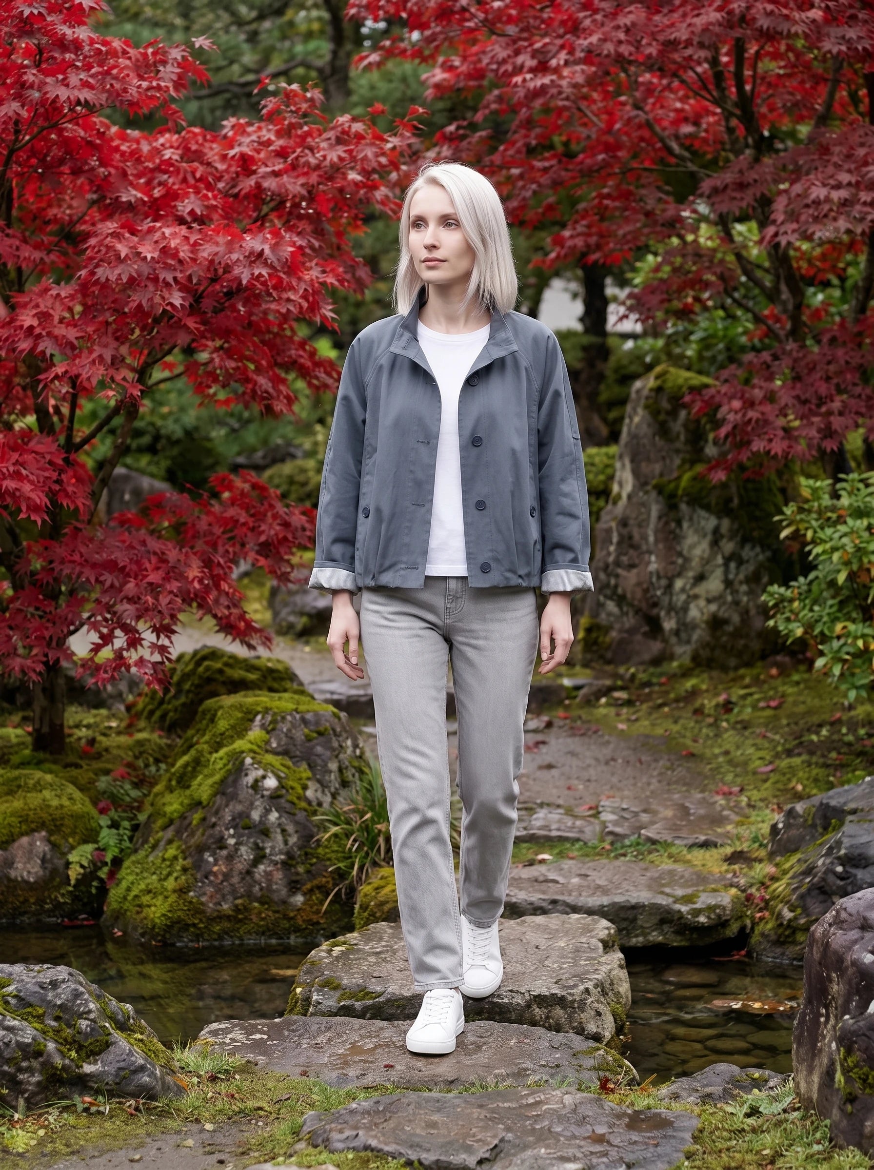 Trench court gris ardoise Raymonde, porté dans un jardin japonais aux érables rouges