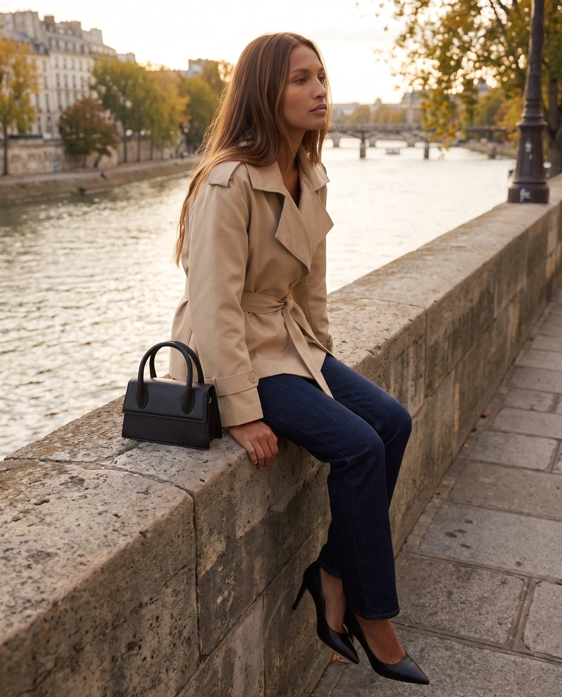 Trench court oversize beige Bettina, assise sur un parapet en bord de fleuve