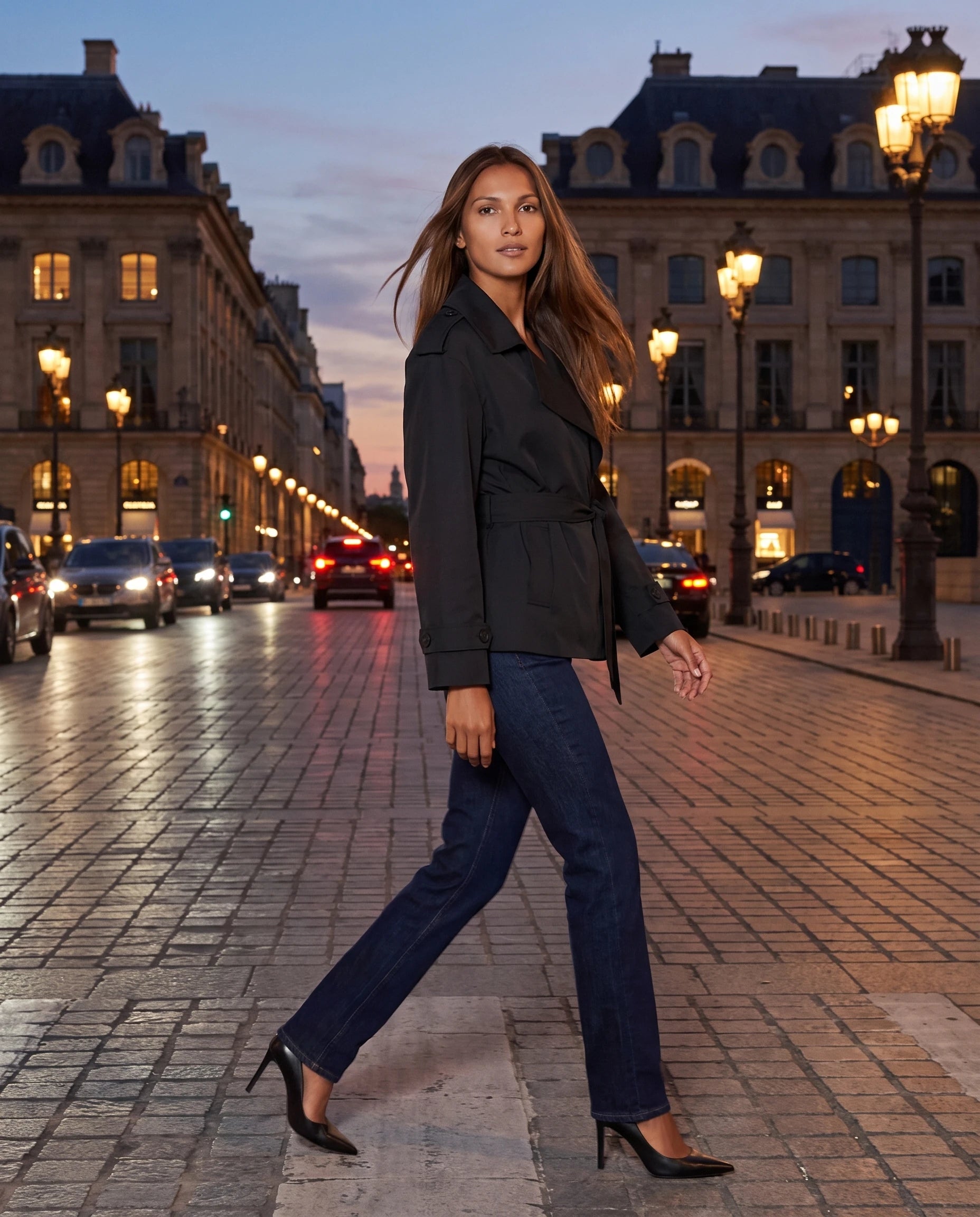 Trench court oversize noir Bettina, traversant une avenue au crépuscule