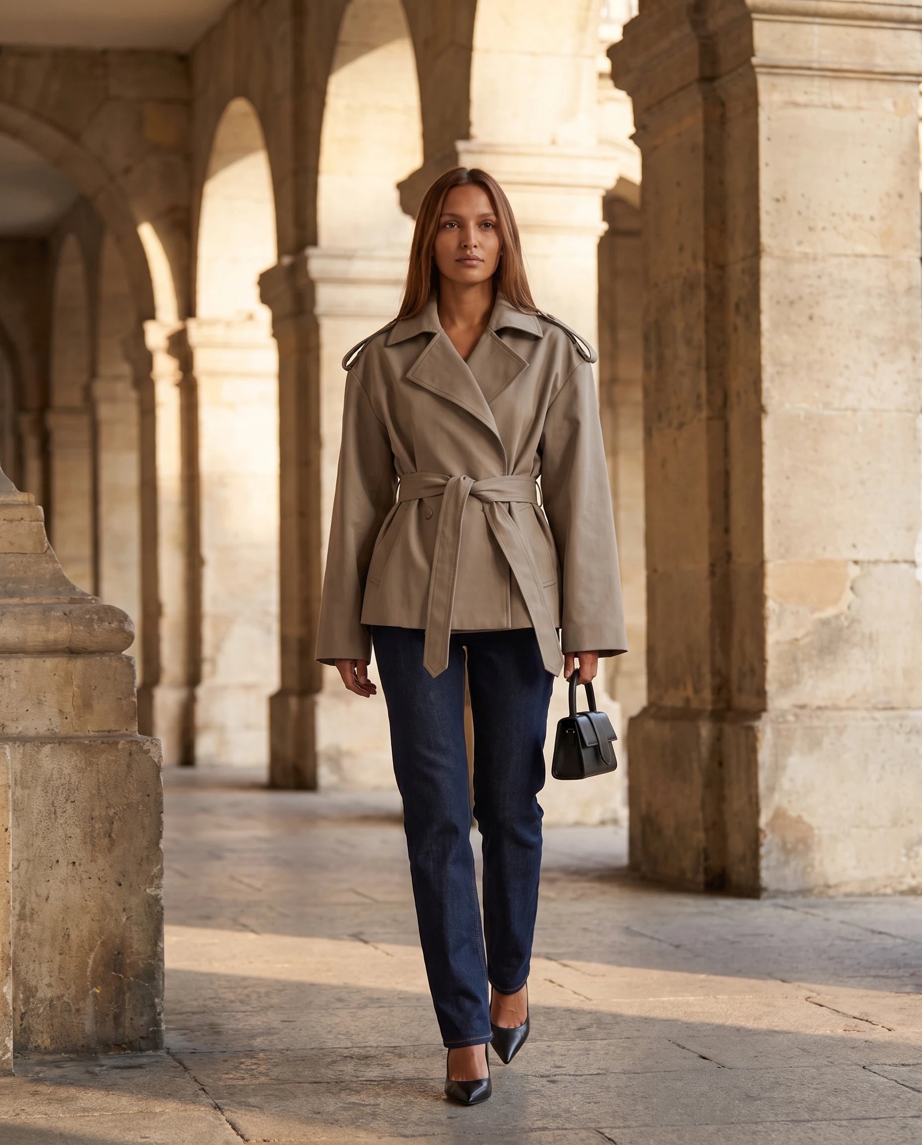 Trench court oversize taupe Bettina, en marche sous des arcades en pierre