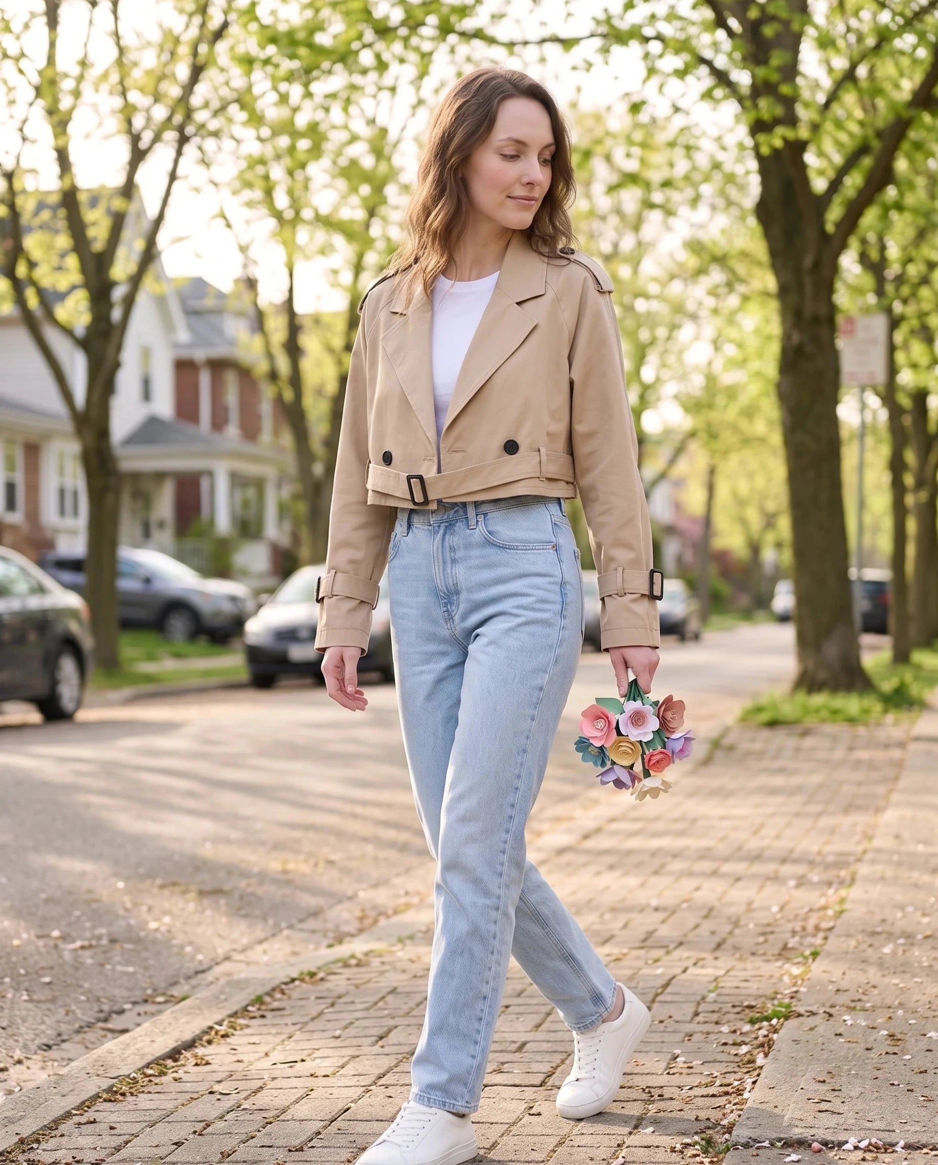 Trench cropped beige Berthille, porté dans une rue arborée au printemps