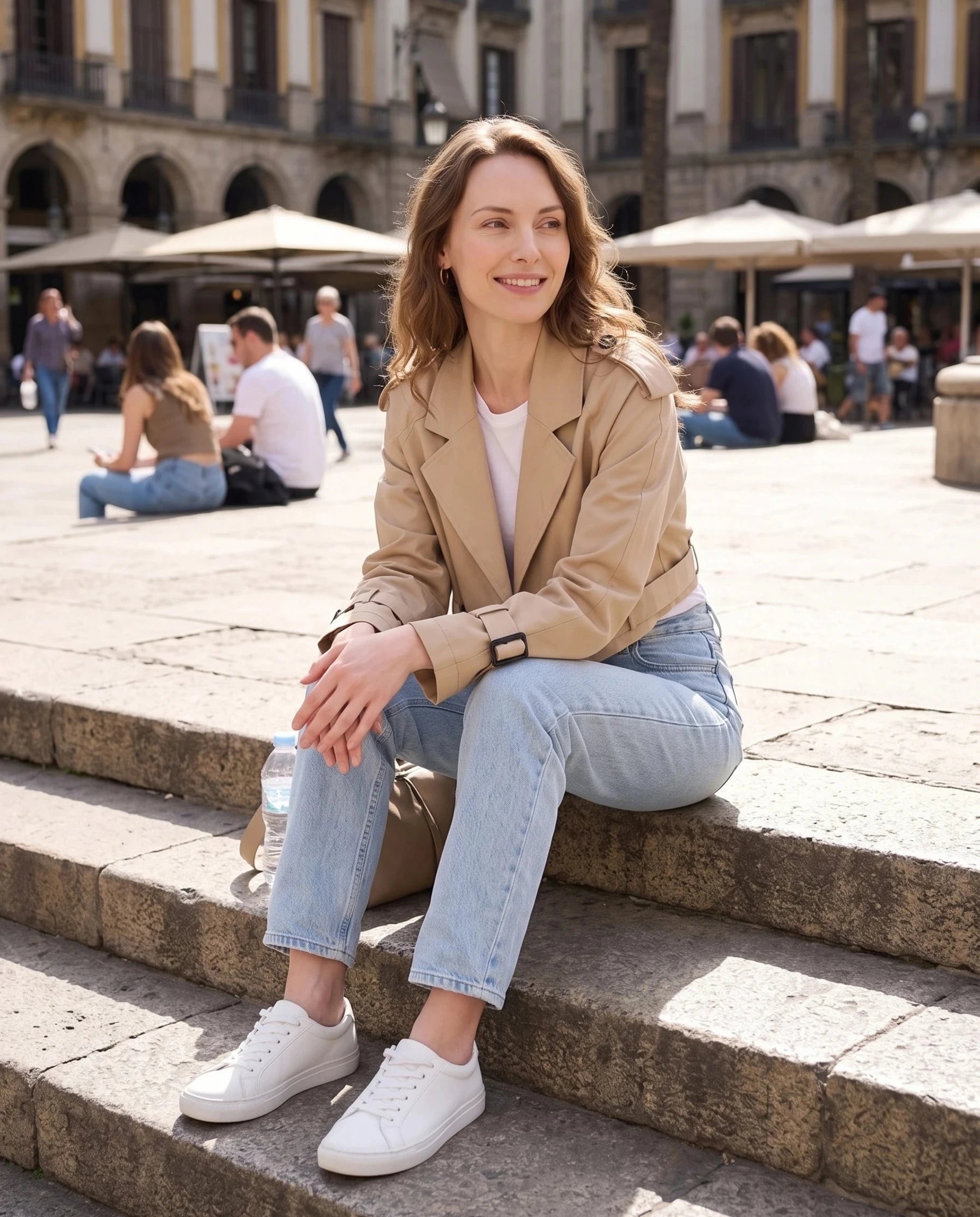 Trench cropped beige Berthille, porté assis sur les marches d'une place ensoleillée