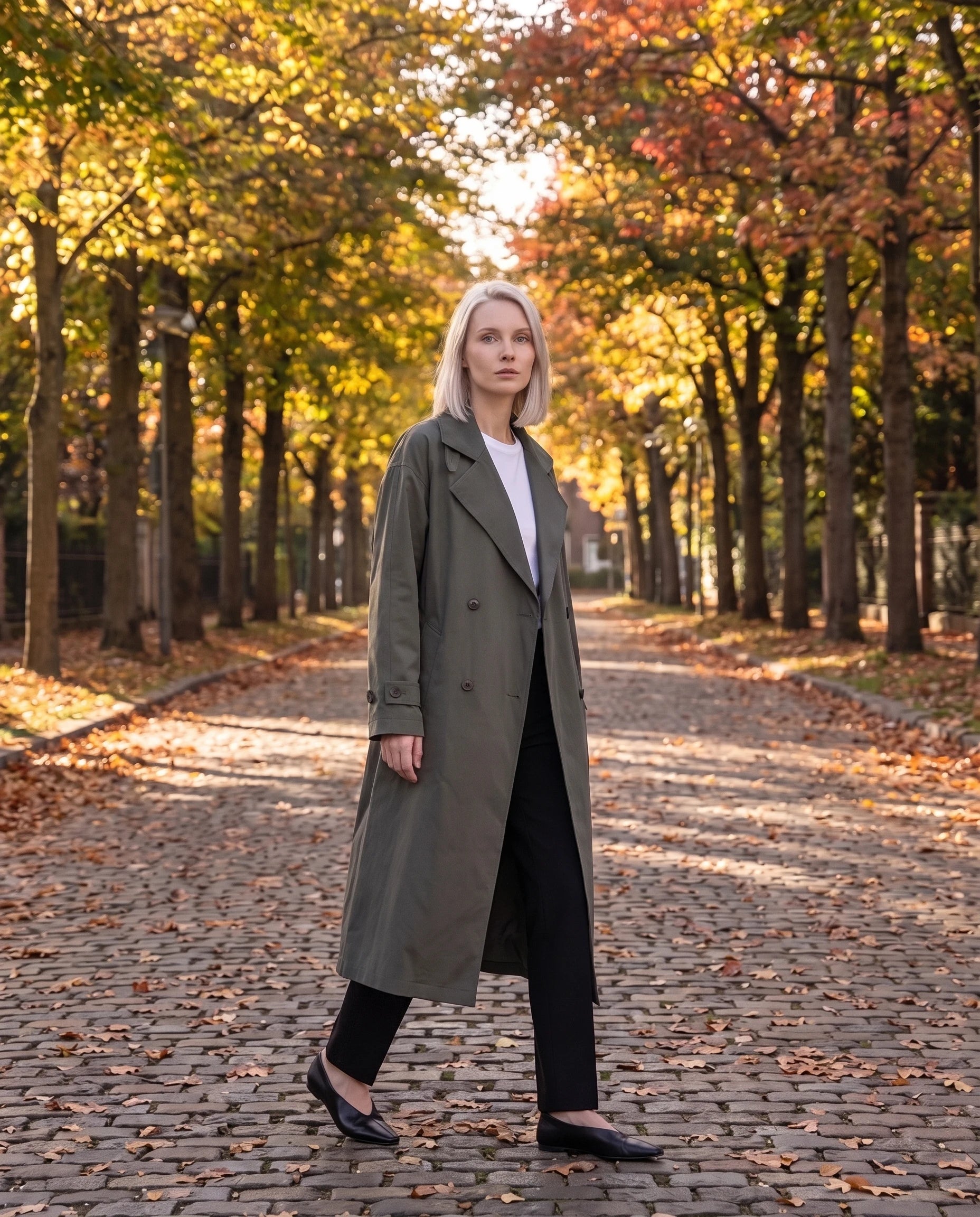 Trench long ample gris vert Angèle, avenue bordée d'arbres en automne