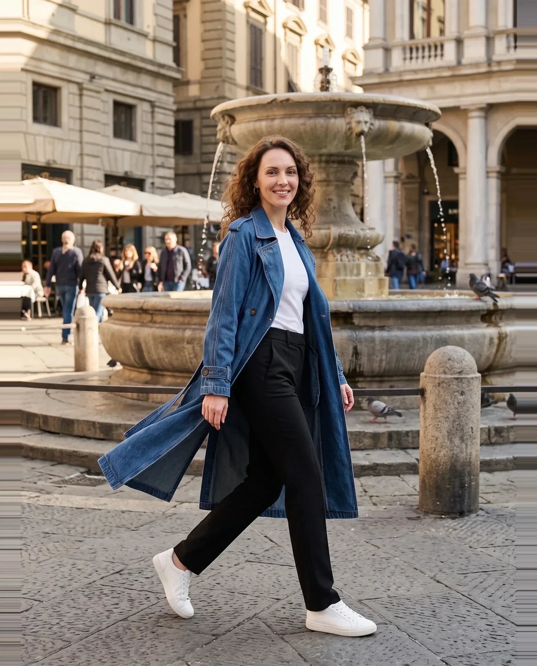 Trench en jean bleu denim Noélie, porté sur une place à fontaine