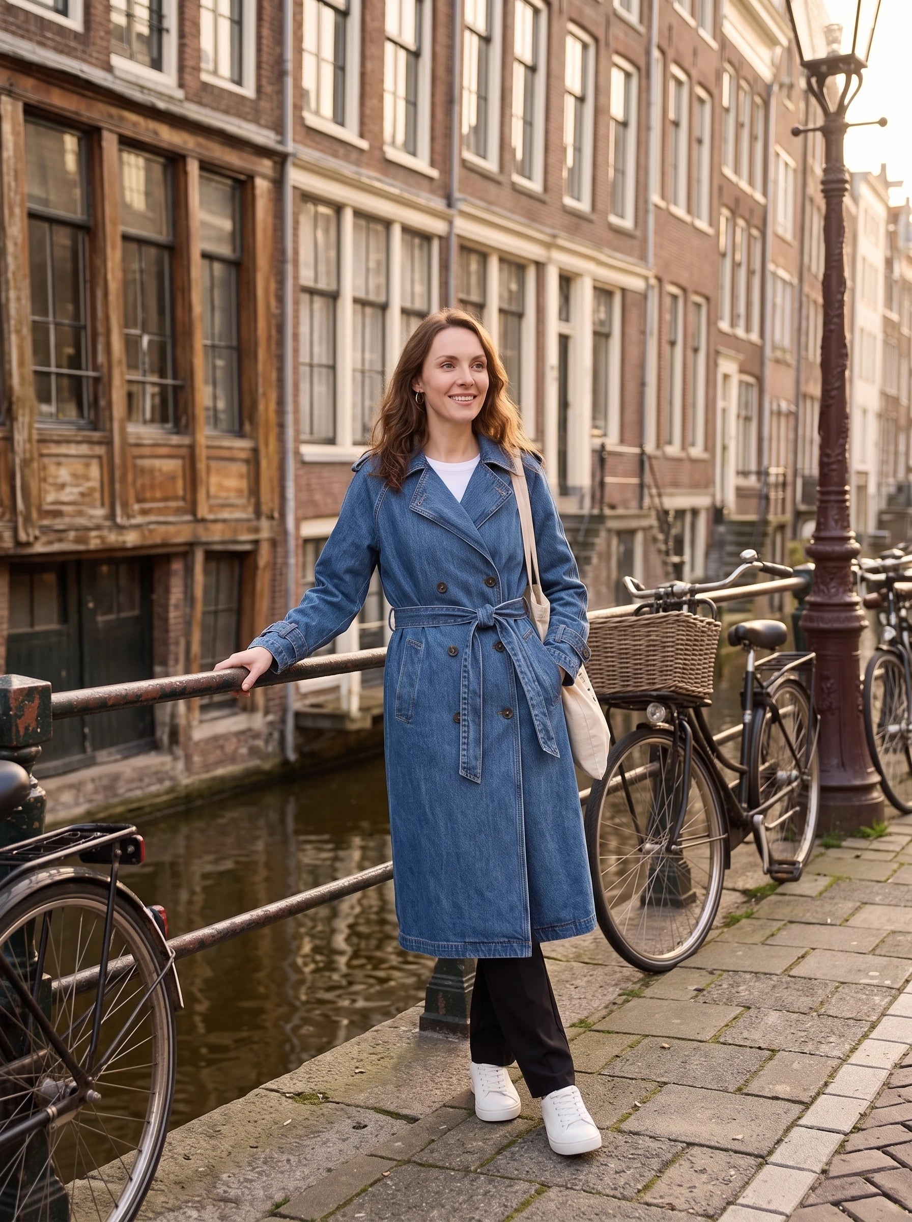 Trench en jean bleu denim Noélie, porté le long d'un canal