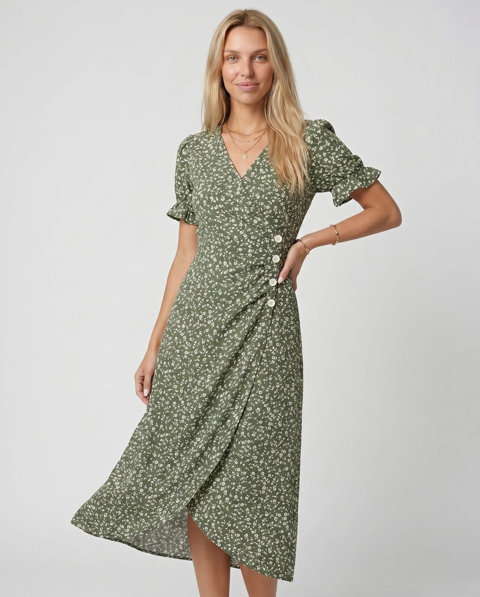 Robe portefeuille fleurie Vert Olive Zolena