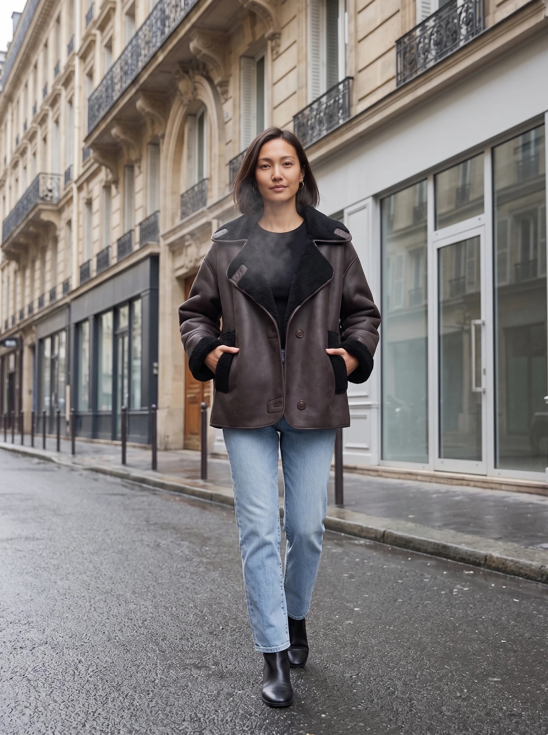 Veste aviateur brun à col sherpa Flore, portée dans une rue d'hiver parisienne